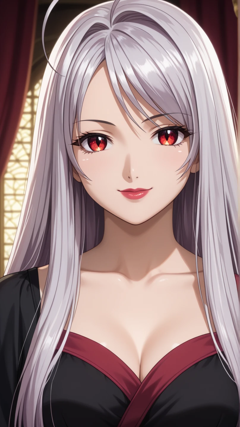 (Harf shot),(surreal), (figure), (Improved resolution), (8K), (very detailed), (Best figure), (beautiful and detailed eyes), (highest quality), (super detailed), (masterpiece ), ( wallpaper), (detailed face), alone, 1 girl, looking at the viewer, small details, detailed face, in the dark, deep shadow, red eye, discreet key, Pure erotic face ace_V1, smile, long hair, silver shawl straight hair , 46 point diagonal bangs, (light_smile:0.5), (Very embarrassed:0.8), 