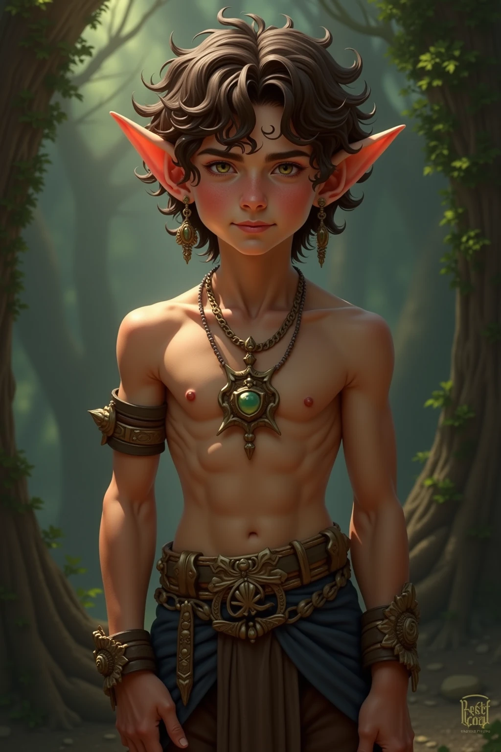 1boy, elven, cute face, pointed ears, brown skin, tan skin, dark skin, blue eyes, black hair, short hair, braid, sexy, tribal