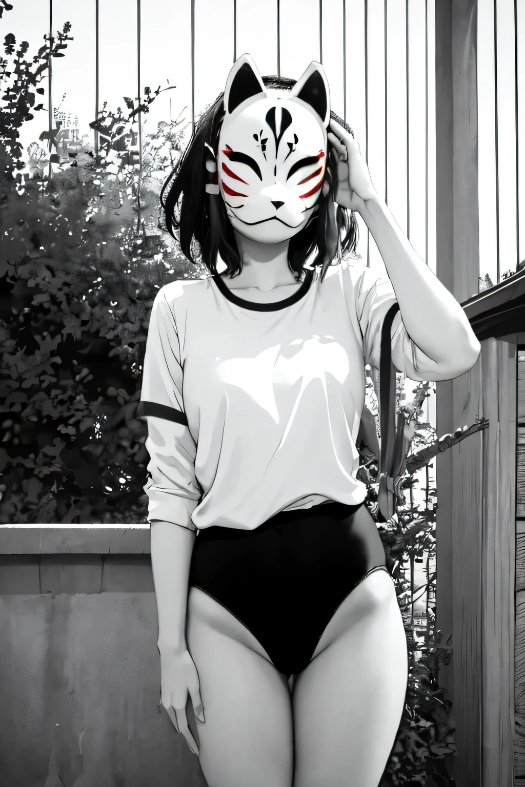 monochrome,anbu,1girl,medium hair,black hair,wearing a black gymnastics bloomers,highleg,self wedgie,white blouse,standing,torii,solo,
