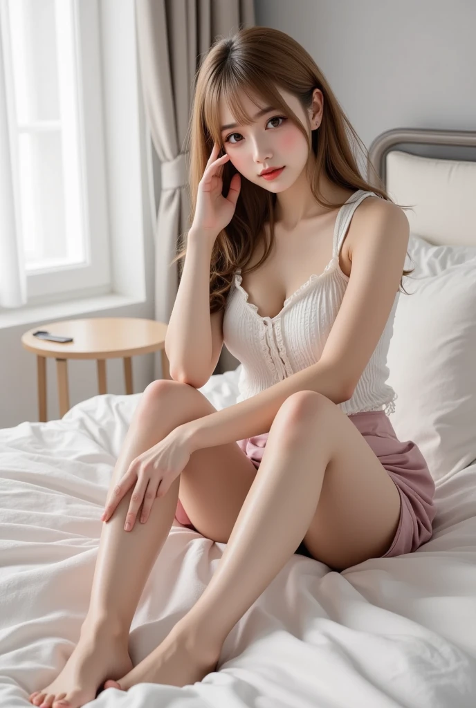 (8K、RAW photography、Highest quality、masterpiece:1.2)、(Realistic、Photorealistic:1.37)、Ultra-high resolution、One Girl、cute、solo, Browsing Caution,Highest quality,masterpiece,8K,Droopy eyes,Big Breasts,Beautiful breasts, Inside the room, See-through light pink lingerie, Light pink see-through shorts, Lying down, Raise your left leg and lie on the bed., Highly detailed face, Highly detailed lips, Fine grain, double eyelid, Exquisite detail and subtle sparkle, Photograph her in poses that reflect both grace and confidence, Enhance visual effects with cinema lighting. Use modern 2D design for the background, Create beautiful, balanced compositions. Enhance the scene with elements such as depth of field, bloom effect, And a touch of sparkle, Add a dreamy texture to the overall image. Pay close attention to detail