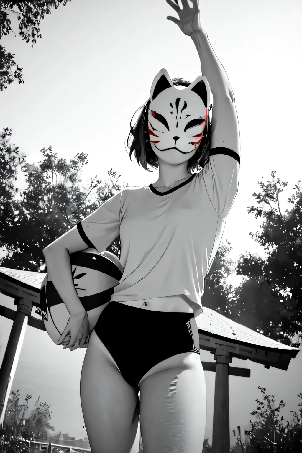 monochrome,anbu,1girl,medium hair,black hair,wearing a black gymnastics bloomers,highleg,self wedgie,white blouse,standing,torii,solo,