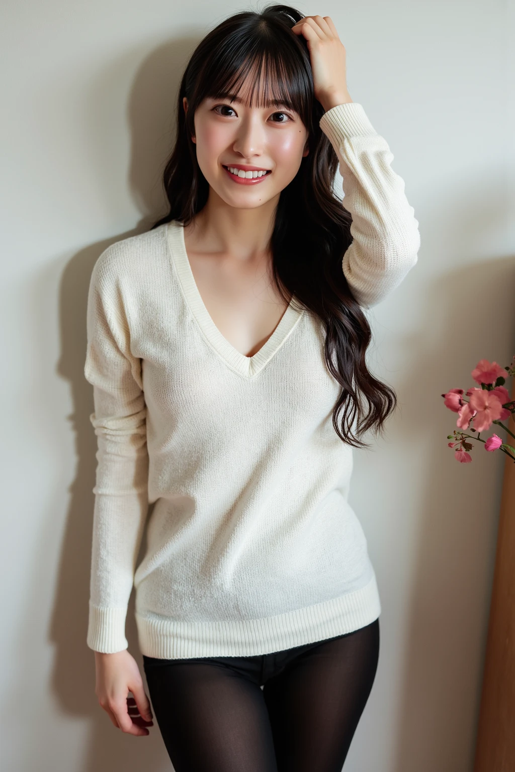 fashion model 20 years old [[[[close up]]]], [[[[neck]]]], [[[[Shoulder]]]], perfect eyes, perfect iris，perfect lips，perfect teeth，Perfect skin，White skin，Soft headlight，High Density Imaging Review，long black hair，（Face is clear and delicate），((white lace underwear))，((Sexy))，(((charming smile)))，((The background is the bedroom))，((Deluxe king bed))，best quality，masterpiece，（pastel colors：1.2）