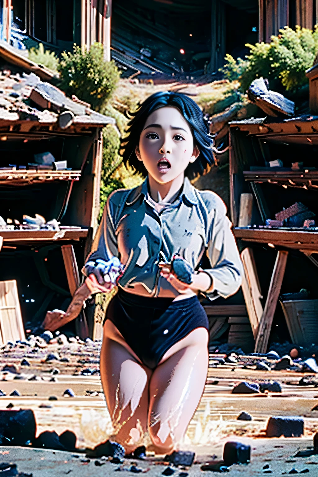 (masterpiece, highest quality), 1 girl, beautiful face, beautiful body,  wearing a Black gymnastics bloomers, High leg、white blouse,    cowboy shot、Are standing、full body portrait、alone, complex details, enlarged textures, complex details, finely detailed eyes and detailed face, intricate details, perfect eyes, equal eyes, perfect body, extremely detailed, (), extremely realistic 3d,While taking off her bloomers,Scared girl、shout、Convulsing with fear、 in ruins、Abandoned castle、Gothic style Western-style building