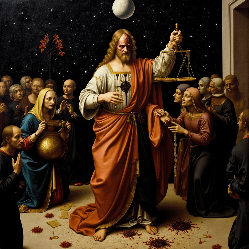 <lora:Tintoretto Style:1>Tintoretto Style - An illustration highlighting the irony of great art masters, akin to a cryptid standing out in a crowd of conformity