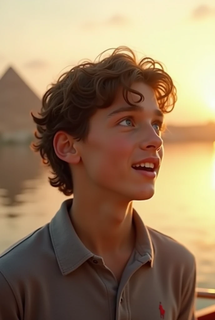 Create a dark-haired boy with medium curly hair and a white girl with wavy hair in front of the Egyptian pyramid Realistic like in real life 