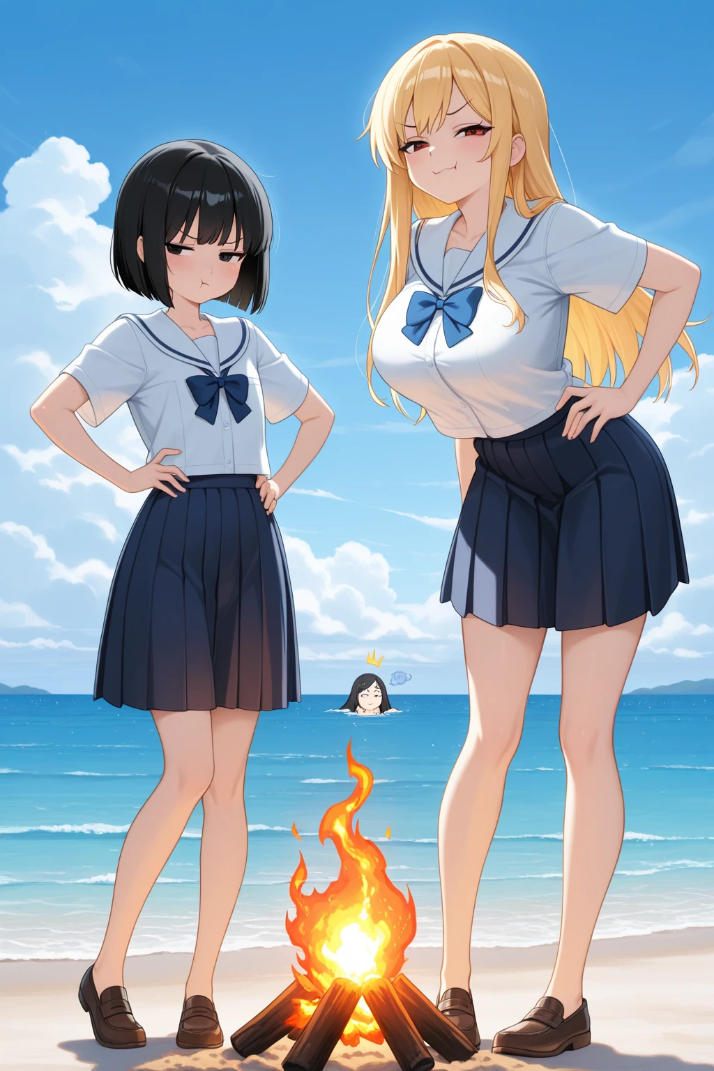 2 women hugging in a college, wearing sensual high school clothes, on a hot summer day, sensual:1,5, Iuri, lesbian,  lascivo:1,5