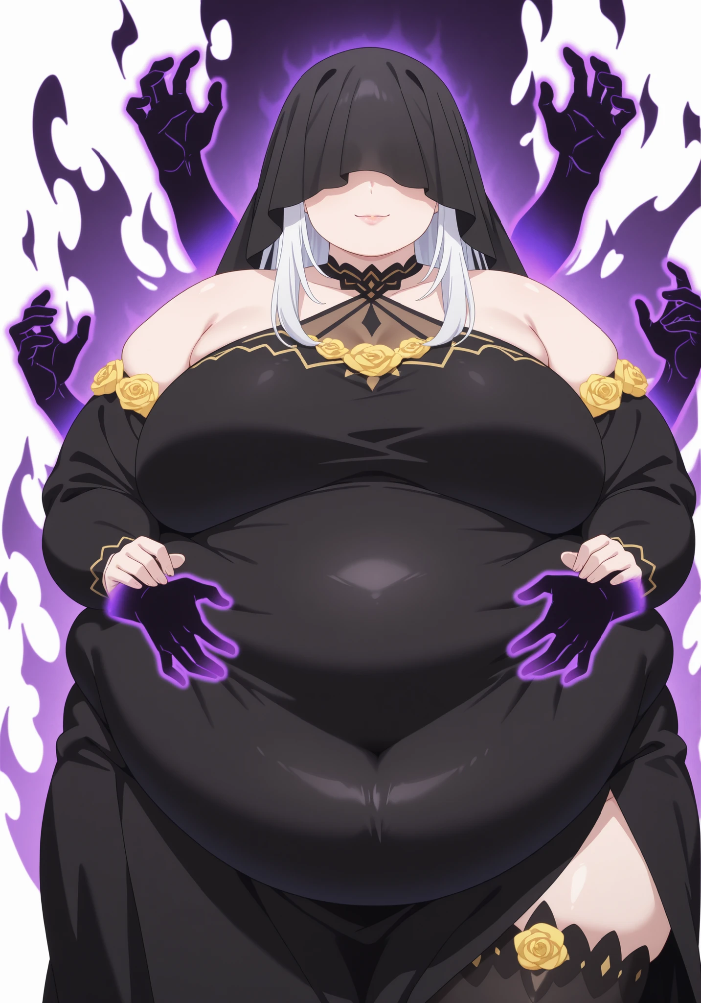 salem, salem, long hair, (red eyes:1.5), white hair, facial mark, colored sclera, forehead mark, (black sclera:1.5),
BREAK dress, cleavage, cape, black dress, center opening,
BREAK indoors, close eyes,
BREAK looking at viewer, (cowboy shot:1.5),
BREAK (masterpiece:1.2), best quality, high resolution, unity 8k wallpaper, (illustration:0.8), (beautiful detailed eyes:1.6), extremely detailed face, perfect lighting, extremely detailed CG, (perfect hands, perfect anatomy), large belly, vore, (vore:1.3), (barriga perfecta), (big belly:1.5), (pregnant:1.3), (vore belly), (vore belly:1.3), rubor, sonrojo