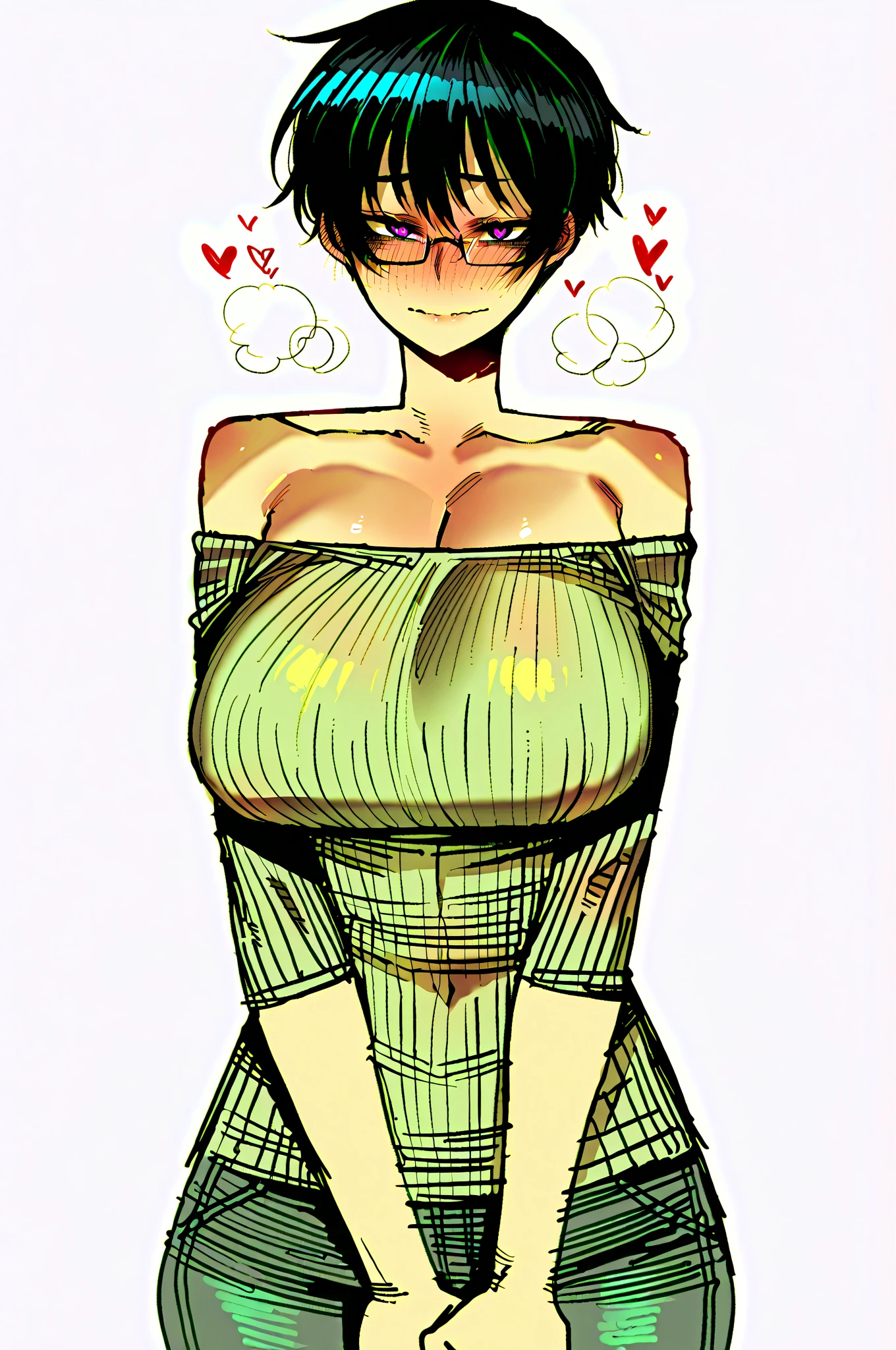 Milf,female,short hair, fluffy hair, hair over eyes,Green hair,yellow eyes,flowers hair,muscular,abdomen,breasts,blouse,red skirt,smile,Lipstick on the lips