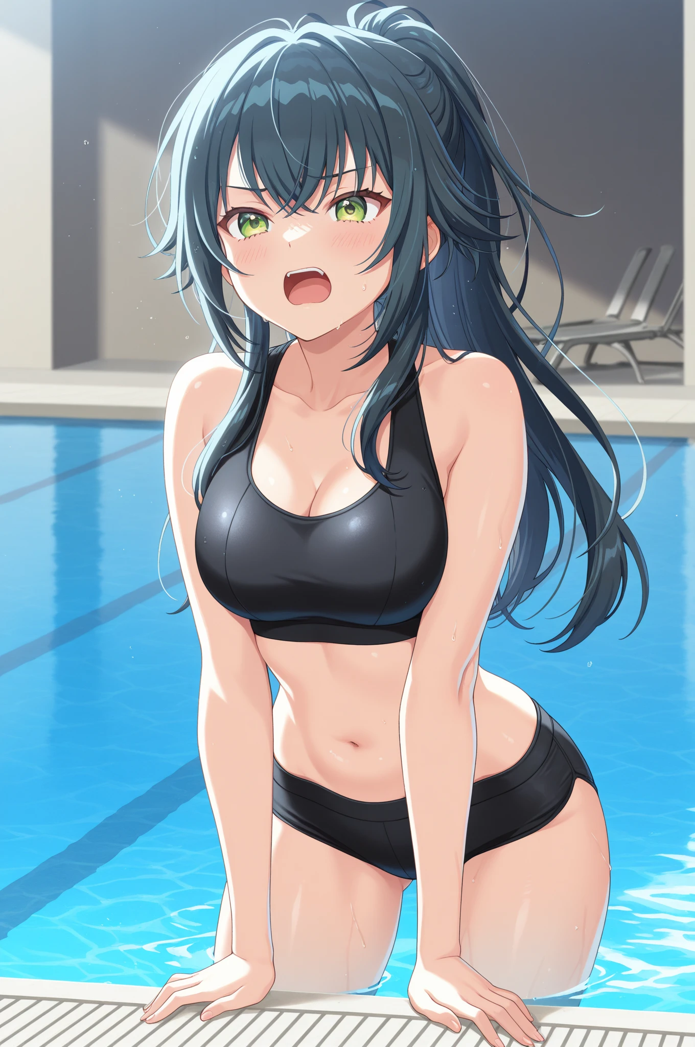 masterpiece, best quality,aawendy, long hair, twintails, hair ornament, bare shoulders, bracelet,1girl,from side, ( arms behind head, arms up) , black choker,(black bikini) , pool <lora:wendy_marvell_v1:0.7>