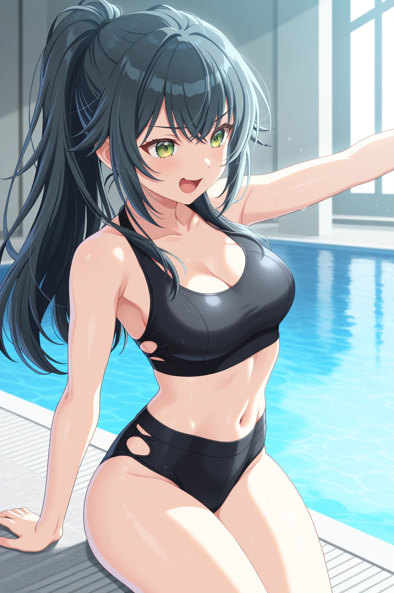 ((masterpiece)), (((best quality))), ((ultra-detailed)), ((illustration)), ((disheveled hair)), (1 girl), (solo), dynamic angle, thighhighs, beautiful detailed sky, on beautiful detailed water, (((swim pool))),beautiful detailed eyes, hairs between eyes (((medium breast))), (((arms behind))),(((string bikini))), {{{miku}}} ,twintails, (((miku))), indigo hair