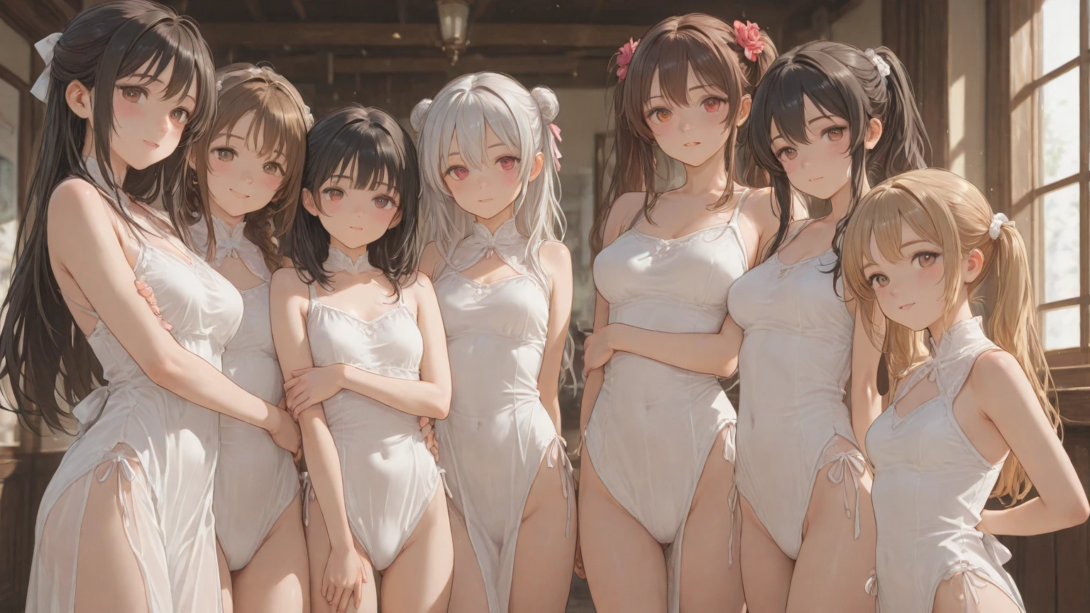 A group of women set in a medieval fantasy world、Dragon Quest、 (At the hot spring), Mr.々Hair style, Harem, night, Detailed aspect, Seduce, ((Thin towel:1.5))、Huge Breasts、Big Ass、wide waist width、The nipples are erect、Angle from behind