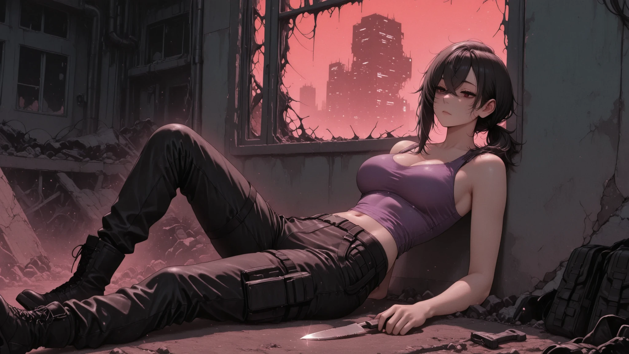 perfecteyes,8K NSFW artwork of a battle-weary adult woman (18+) resting inside a ruined building. She’s purple tank top with boots and tactical pants, gently cleaning her knife. The mood is somber, intimate, and raw,neck hand red kanji tatoos illuminated by weak daylight through broken windows,aliens raised you from the remains of the bottom left after planet earth.cyberpunk dope noir tech year 3600