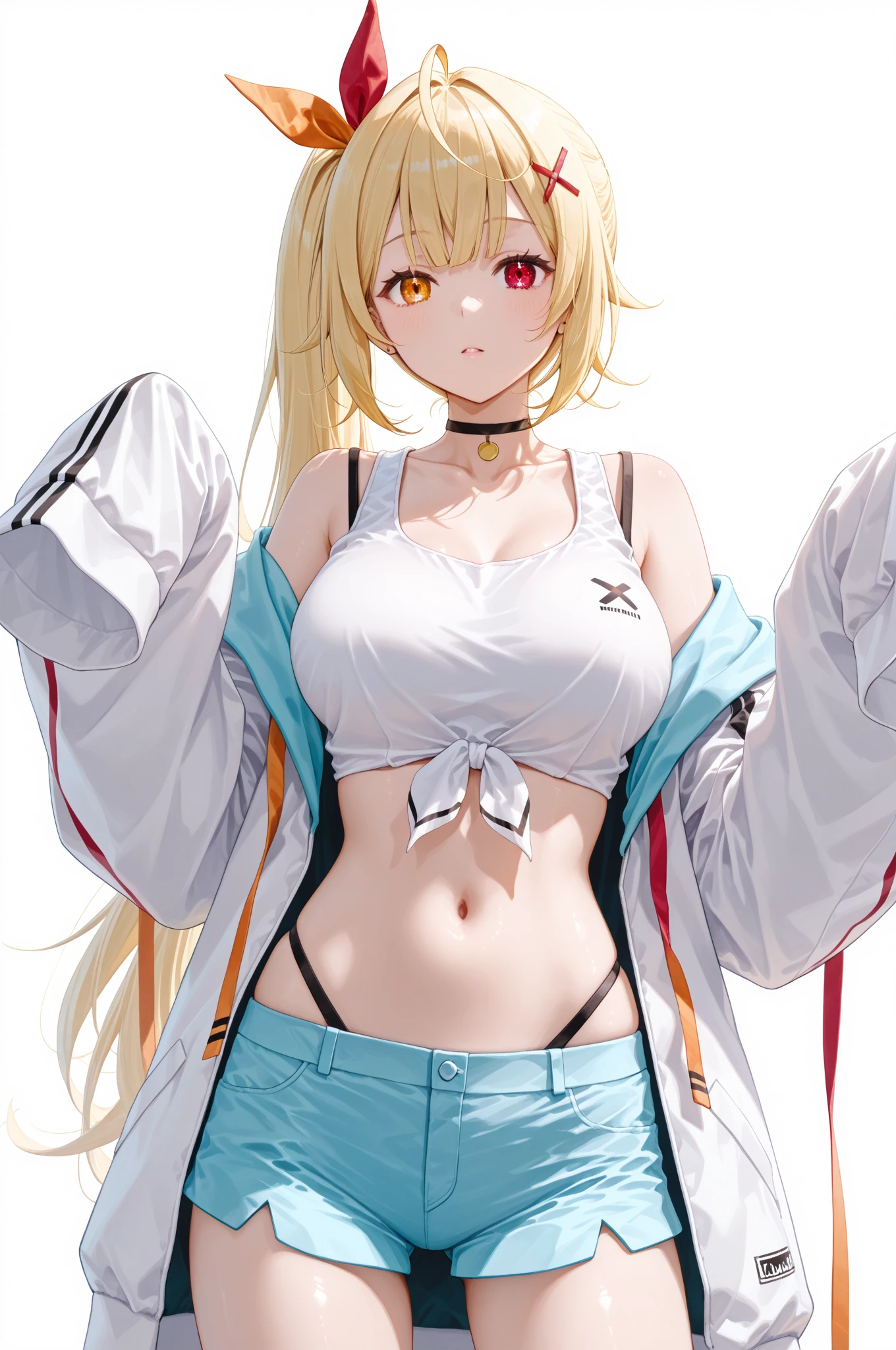 1girll, leaning back against the wall, Large breasts, Solo, White pants, White crop top, White jacket, Long hair, navel, Red eyes, cropped shoulders, choker necklace, Smile, jewelry, view the viewer, Earrings, Open clothes, Blonde hair, cleavage, midriff, Bare shoulders, 鎖骨, Sleeveless, standing,