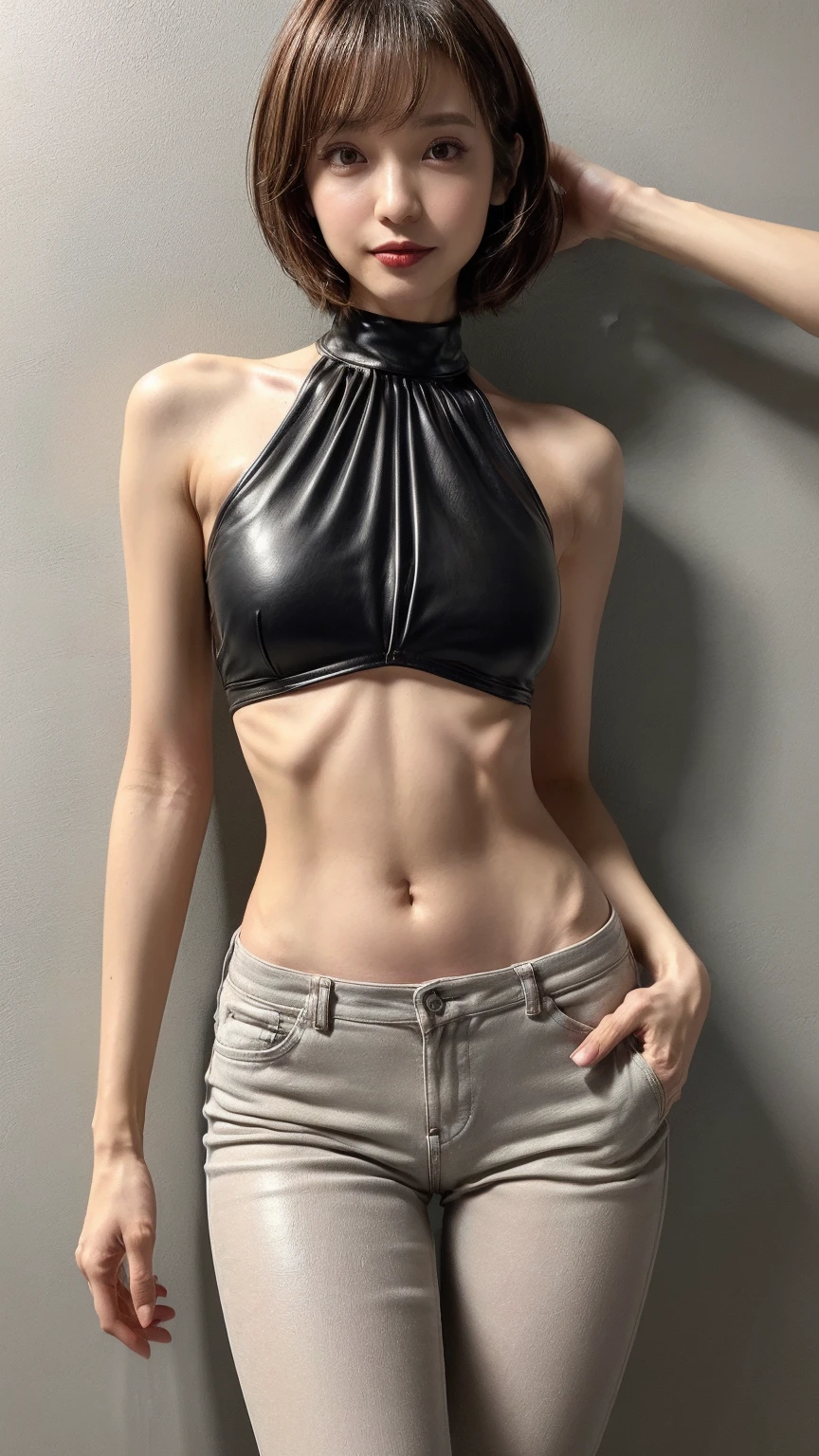 very thin woman，A thin body，Protruding sternum，The waist is very thin，The ribs are noticeable，Protruding ribs，The pelvic protrusion is very obvious，The pelvis is markedly elevated，Legs are just skin and bones，White skin of the，thin shoulde，The waist is very thin，Sunken abdomen，Delicate arms，hunger，The lower abdomen is depressed，Short hair details，Wear tight leather pants，Asia face，The waist is particularly thin，Cross your hands at your waist，angry look，weeping，Excessive weight loss，The face is sunken and thin，Severe malnutrition，hunger，Belt tightens the abdomen