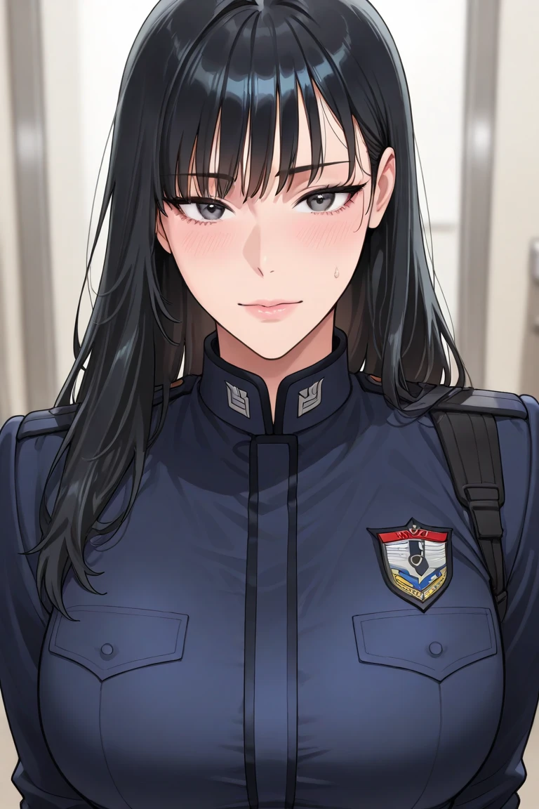 <lora:JYNQluojiaying-10:0.8>,Purple short hair,brownish red eyes,blue police uniform,belt,black suit pants,