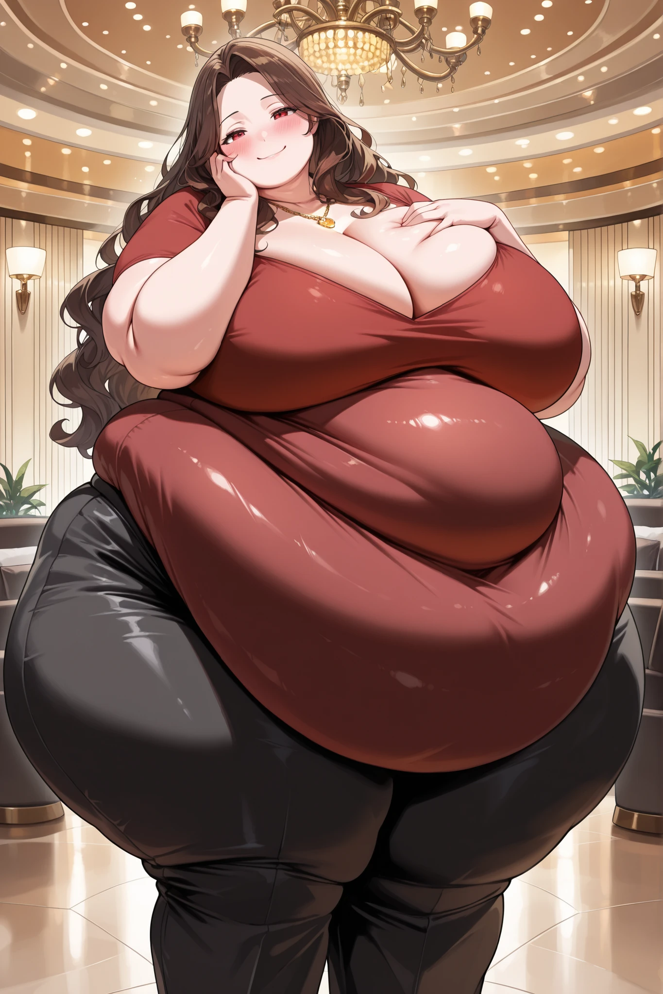 altamente detalhado, alta qualidade, obra de arte, Lindo, Namorada, 1 garota, Sozinho, corpo todo, Sorriso leve, vestido vermelho, sentado, sentado on speaker, Curved, muito gorda, quadris largos, enorme, coxas grossas e macias, muito gordo flabby arms, Realistic lighting, alto detalhe, Rosto detalhado, sombreamento realista, rolos de gordura, tamanho enorme, seios gigantescos e enormes transbordando de gordura, decote enorme, pesado, mais tamanho, everything is fat, textura macia, lindos olhos grandes, semi-realista, dynamic angle, pattern clothes, muito gorda, SSBBW, fat arms, very fat