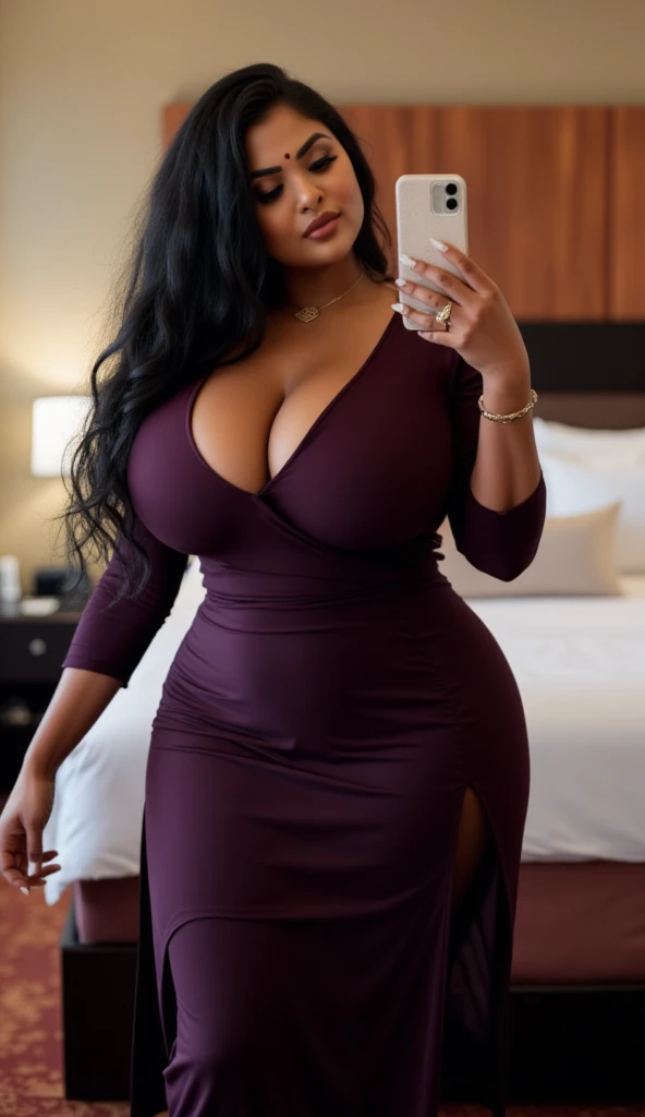 dark skinned latina girl, skinny, thin, nubile, pretty, gorgeous, posing for picture, teen, teenager, young, youthful, hourglass body, huge natural breasts, super long hair, very curly hair, photo lighting, prom dress, makeup, red lips