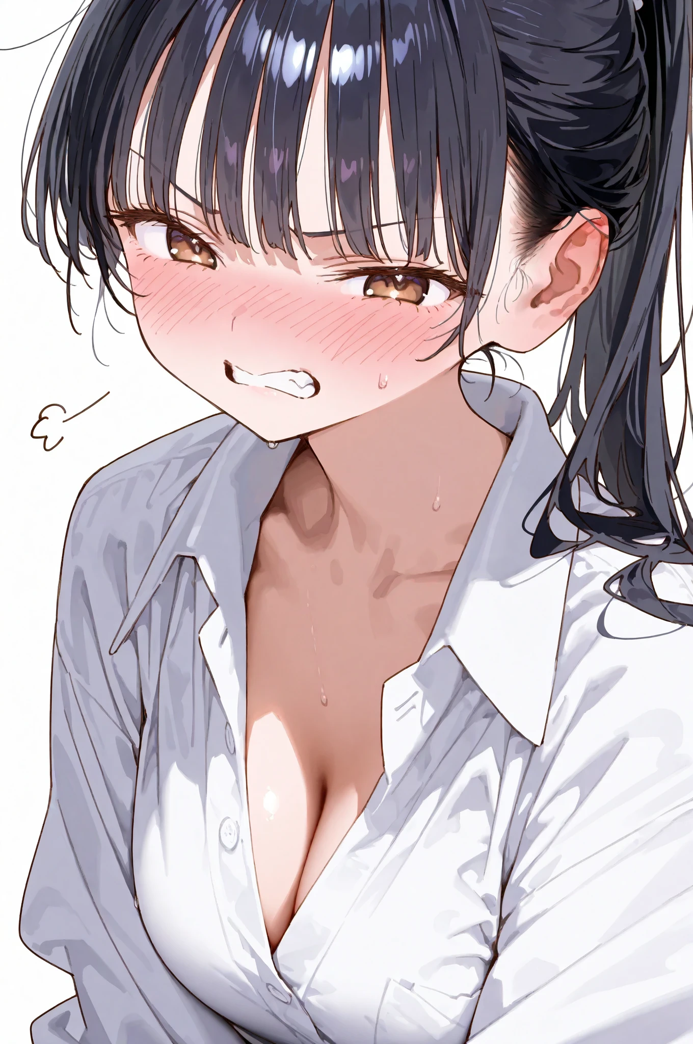 Chomiku Plus Style, Upper Body, Button gap, Neck ribbon, smile, black good, Black Hair, One girl, good, Simple Background, White Background, gigantic breasts, See-through, , breast focus, good visible through clothes, Mouth closed, alone, collared shirt, white shirt, Short sleeve, , shirt, underwear,upper body,pov