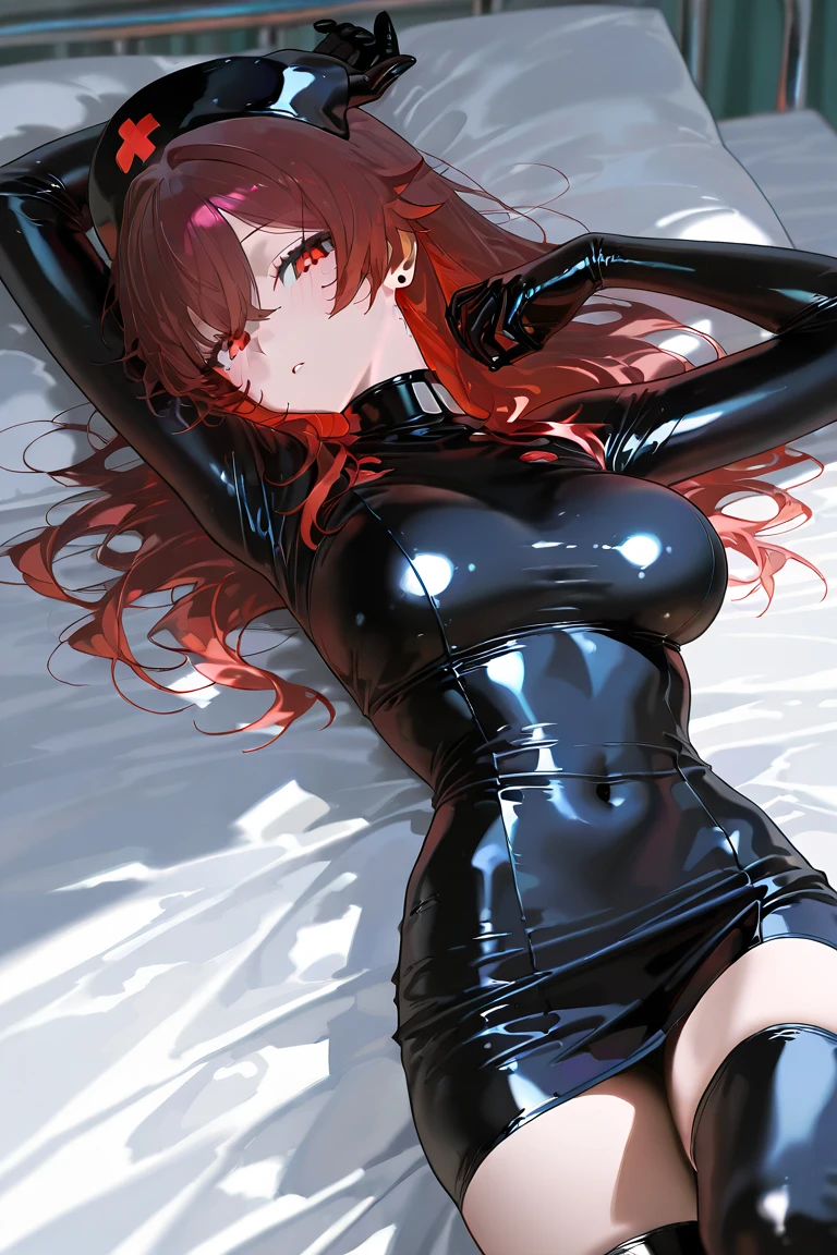 1girl,masterclass,best quality, illustration, solo, IchijouRirika, hairclip, reverse bunnysuit, ;o, one eyes closed,on bed,blush, large breasts, lying thigh gap, arm up, arm behind head