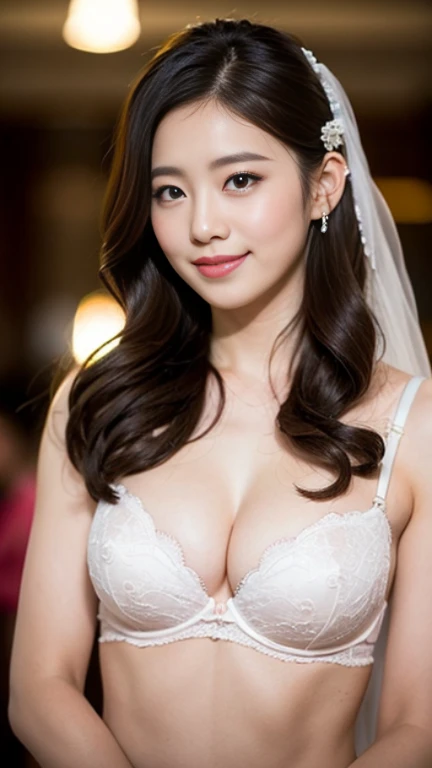 ((Highest quality, 8K, masterpiece: 1.3)), 1 Girl, smile, whole body, Slim face, Beautiful woman, ((Extra long brown hair:1.2))、Wearing white wedding gown、Veils、armpit focus, Highly detailed face, Fine grain, double eyelid, Blurred Background, Slim face, full figure supermodel standing, entire body in frame、full body portrait、At the cosplay event venue、Larger breasts、Place your left hand gently on your chin,right hand holding her breast,Lots of photographers around、Surrounded by a crowd of photographers、kneeling down
