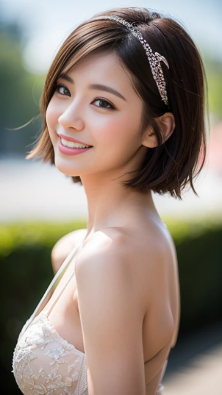 a beautiful girl with short curly brown hair,smiling,,dressed in a flower print sundress,brown eyes,(best quality,4k,8k,highres,masterpiece:1.2),ultra-detailed,(realistic,photorealistic,photo-realistic:1.37),HDR,UHD,studio lighting,ultra-fine painting,sharp focus,physically-based rendering,extreme detail description,professional,vivid colors,bokeh,pixel art,scenary
