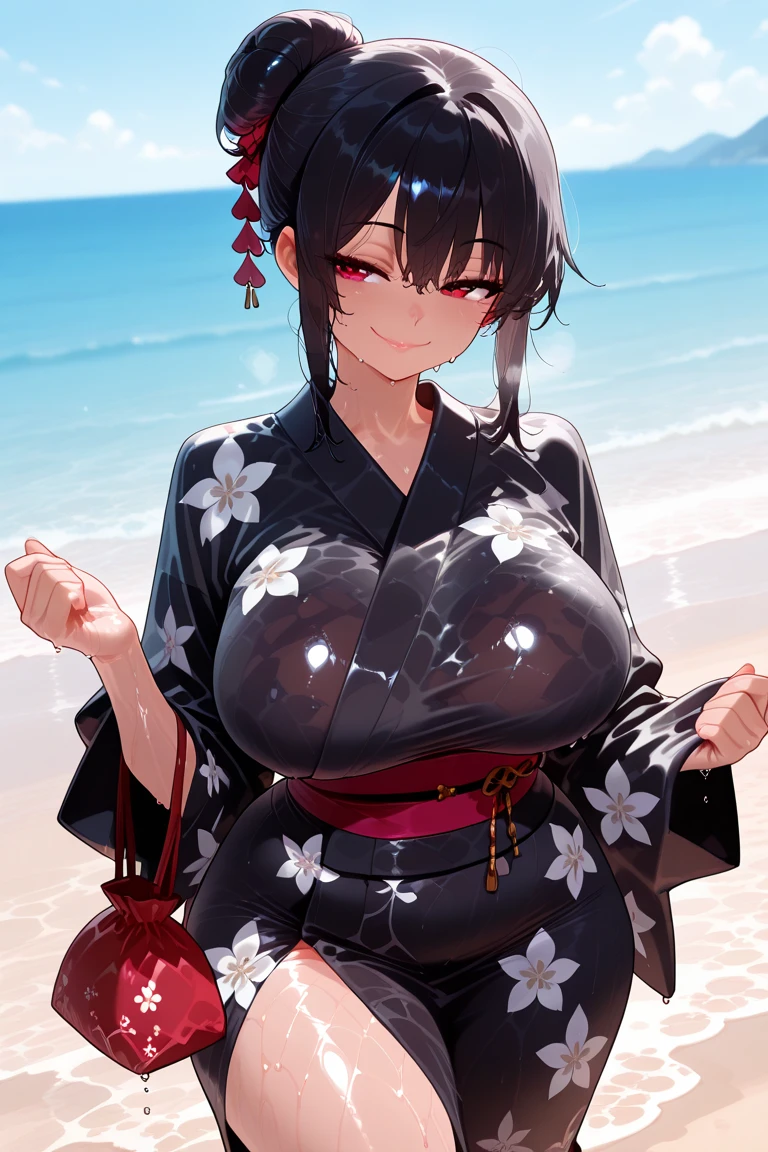 1 girl, detailed blue eyes, lange wimpern, detailed beautiful face, 4k quality, (Long black hair:1.4), (arms behind back:1.6), gefesselte Arme, Red rope, (blushing:1.2), (Big boobs:1.2), (yukata, japanischer yukata, kimono, bare shoulders, snatched waist, großer Brust ausschnitt, 18 jears old:1.6), OTN, Gag, gagged, shibari over clothes, sitzend im wasser, nah aufnahmen, wet skin, Front view, on a beach, Hand an der Brust unten