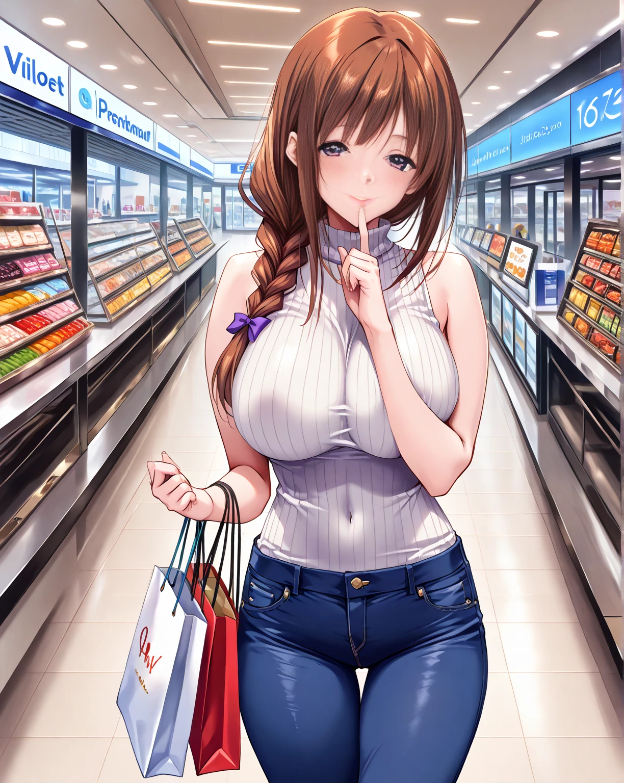 (detailed, masterpiece, best quality, intricate),(nsfw),

Cowboy shot, tachibana kyoka,

Large breast, cleavage,
1 girl, solo, in a convenience store,
pretty eyes, beautiful face, perfect round ass, erect nipple,
fit and  body, highlegs, female pervert,

(a illustration of a girl in bold blue striped shirts, bottomless),bare breasts,Break,,
black high-heels, thighhighs, black_legwear,

early teen, solo, pale skin,
Blue eyes, ((beautiful milf)),
no_bar,

seductive smile, naughty face, Sweat, steam, embarrassed, blush, aroused, (spoken heart),

Standing, best sexual pose, covering crotch,

(in a convenience store), near the coast, (window, sea, sky, cloud, day), summer, indoor, perspective, bright lighting, Shelves with many products on display, white wall,