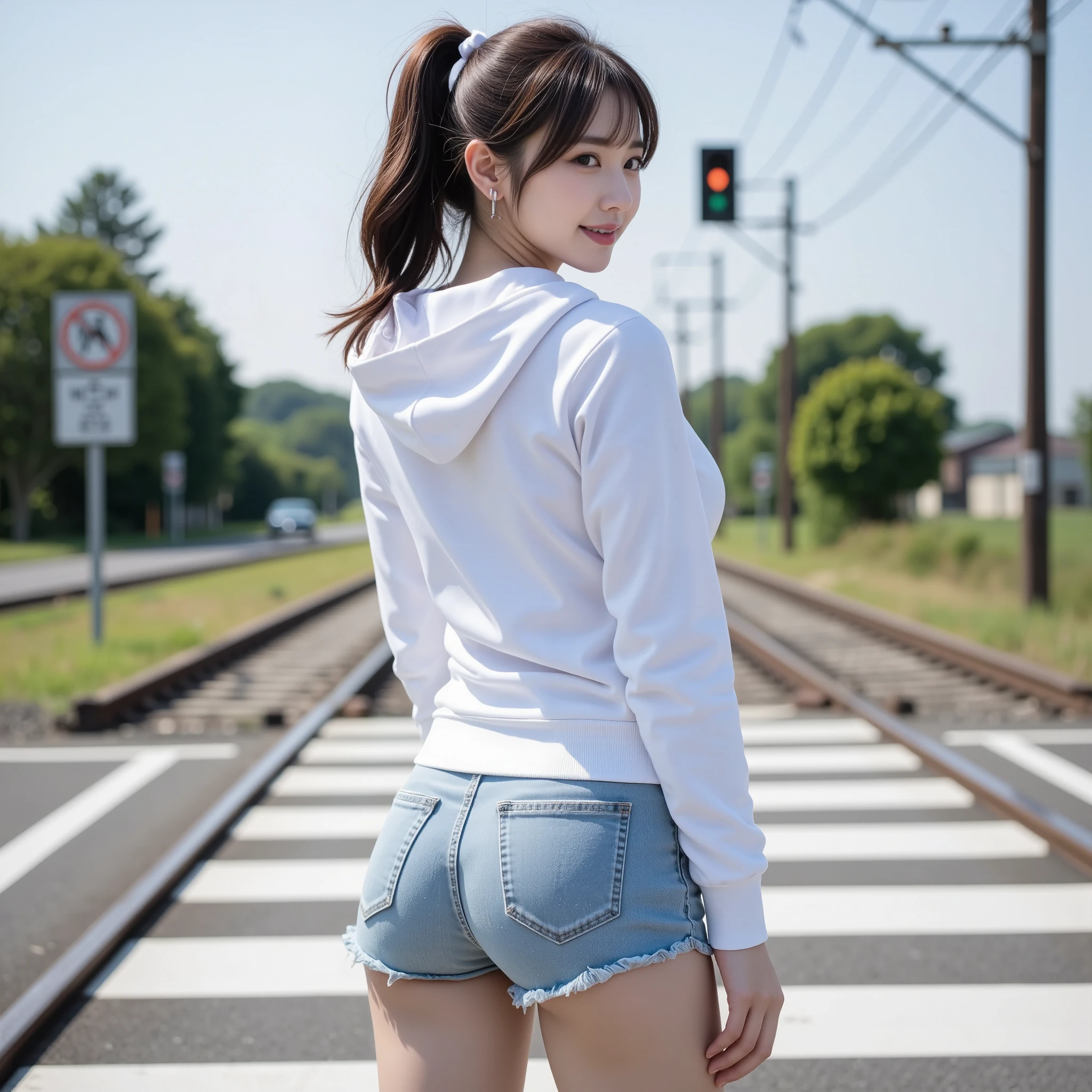 Girl Standing In Schoolyard, Cumulonimbus clouds floating in the summer sky, (Navy School Swimsuit:1.1), (wearing a white sailor shirt), Big eyes, Droopy eyes, school bag, 13 years old, (Very slim:1.4), (Very small ass:1.4), Thin thighs, knees, Brown eyes, Short hair tied low