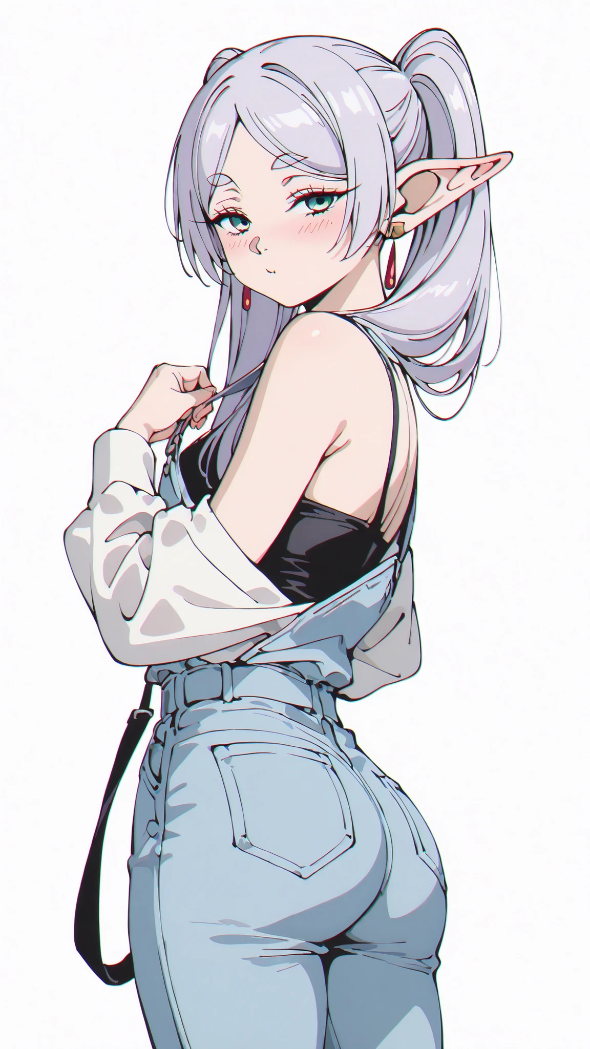 Frieren from Sousou no Frieren, in retro 90s anime style, seen from behind, from mid-thigh up. She is turning her upper body and head slightly toward the viewer, looking over her shoulder with a subtle tsundere-like expression: slightly narrowed eyes, soft blush on her cheeks, and a shy pout. She wears tight light blue denim overalls that enhance her slim waist and hips, with one strap undone and hanging loosely. Underneath, she wears a tight-fitting black spaghetti strap crop top with a modest cleavage line, and over it, a loose off-shoulder white long-sleeve shirt falling off one arm. Her long pale blonde hair is styled in two low buns (odango style) with loose strands flowing down, resembling a vintage anime look. One hand gently pulls on the loose overall strap in a slightly flustered gesture, while the other hand hangs naturally. The background is clean white, with soft cel-shading, elegant lineart, expressive retro anime-style eyes, and nostalgic warm coloring. Feminine and sexy atmosphere, with a subtle tone of innocence and embarrassment.