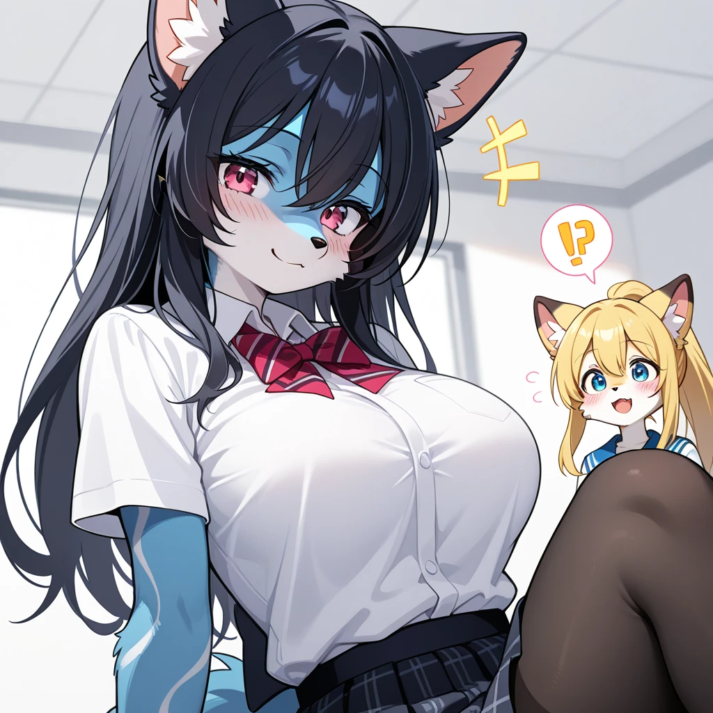 anime Girl) (brown hair with turquoise blue hair tips) (turquoise blue eyes) (fox ears) (big breasts) (naked, without clothes) (hentai +18) (In the room, making love) (with a condom in hand)