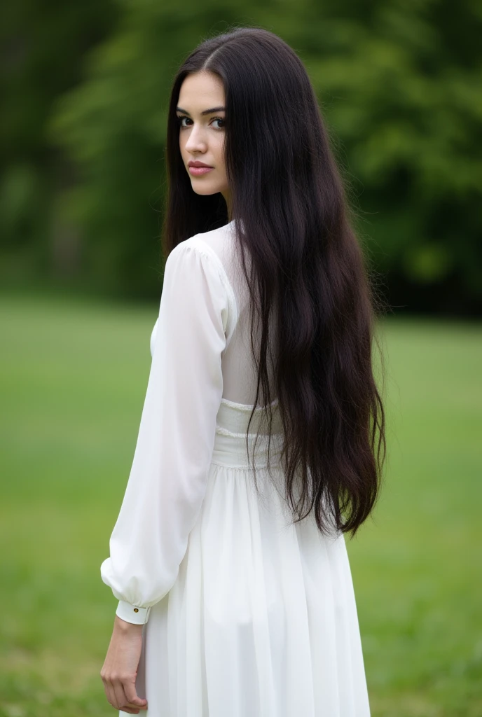 super realistic photography, close-up of a woman in a white dress, standing in the park, female with long black hair, girl with black hair, young woman with long dark hair, anna nikonova, woman with black hair, anastasia ovchinnikova, with black hair, with long black hair, Beautiful black hair, pale skinned Persian girl, Alina Ivanchenko
