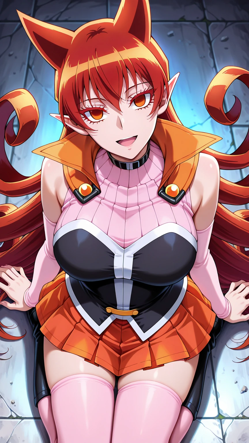blossom,Power Puff Girls,large breasts,smile,orange hair, blunt bangs, pink eyes,pink dress, sleeveless,:D,armpit,pink panties,
(best quality, masterpiece, RAW photo,ultra-detailed:1.2), solo,