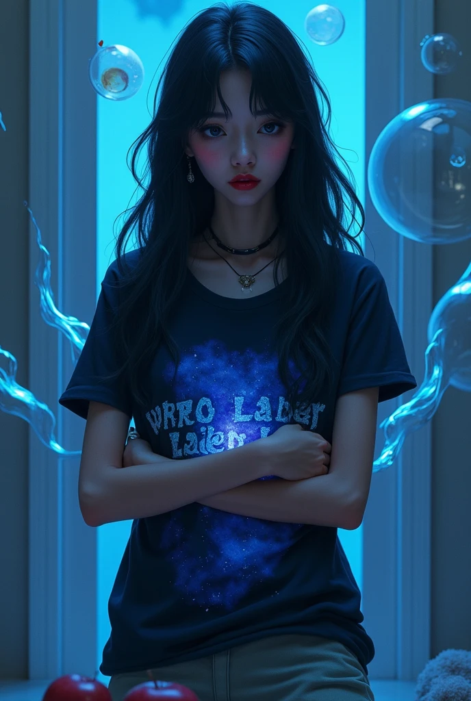 Beautiful woman wearing a Grey and dark blue dan  Wearing  clothes mini dress with decorations on the shirt and visible shoulders and wearing boots and being photographed with a Outer space  background And he was on a jet plane while wearing a mask  ,Korean style swag, beautiful face so gorgeous, Beautiful eyes, y2k style