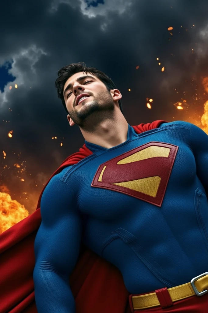 concept art of Cinematic Film stock footage in (arri alexa style) Kodak film print, <lora:Superman:1> Superman a man in a superman costume flying through the air while fiery beams of intensified heat coming out from both eyes, digital artwork, illustrative, painterly, matte painting, highly detailed