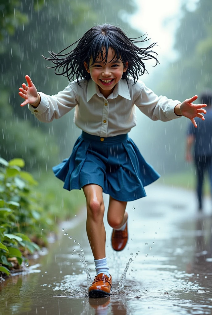 rain is the simplest thing enjoy the smile at the rain , young girl dancing in the rain the rain in blur but she is the main character enjoying the rain , unique piece masterpiece 16k work of art amazing colors