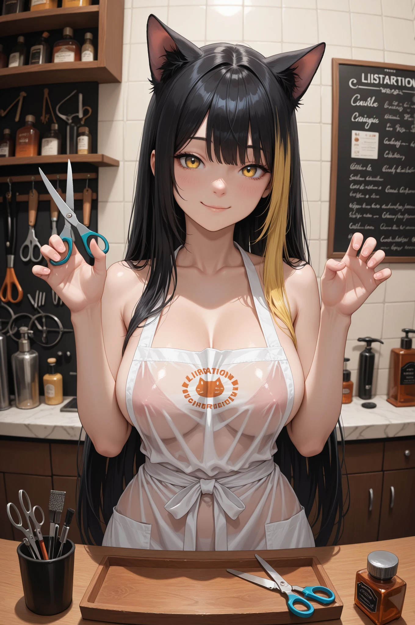 1girl, solo, hair ornament, (?????:1.3), (white ?????), large breasts, cleavage, thighs, kitchen background, (blushing:1.3), naga, brown hair, ponytail, golden eyes, dark skin, gal, naga, ????, sexy pose, holding a banana, she wants ???, sexy, attractive woman