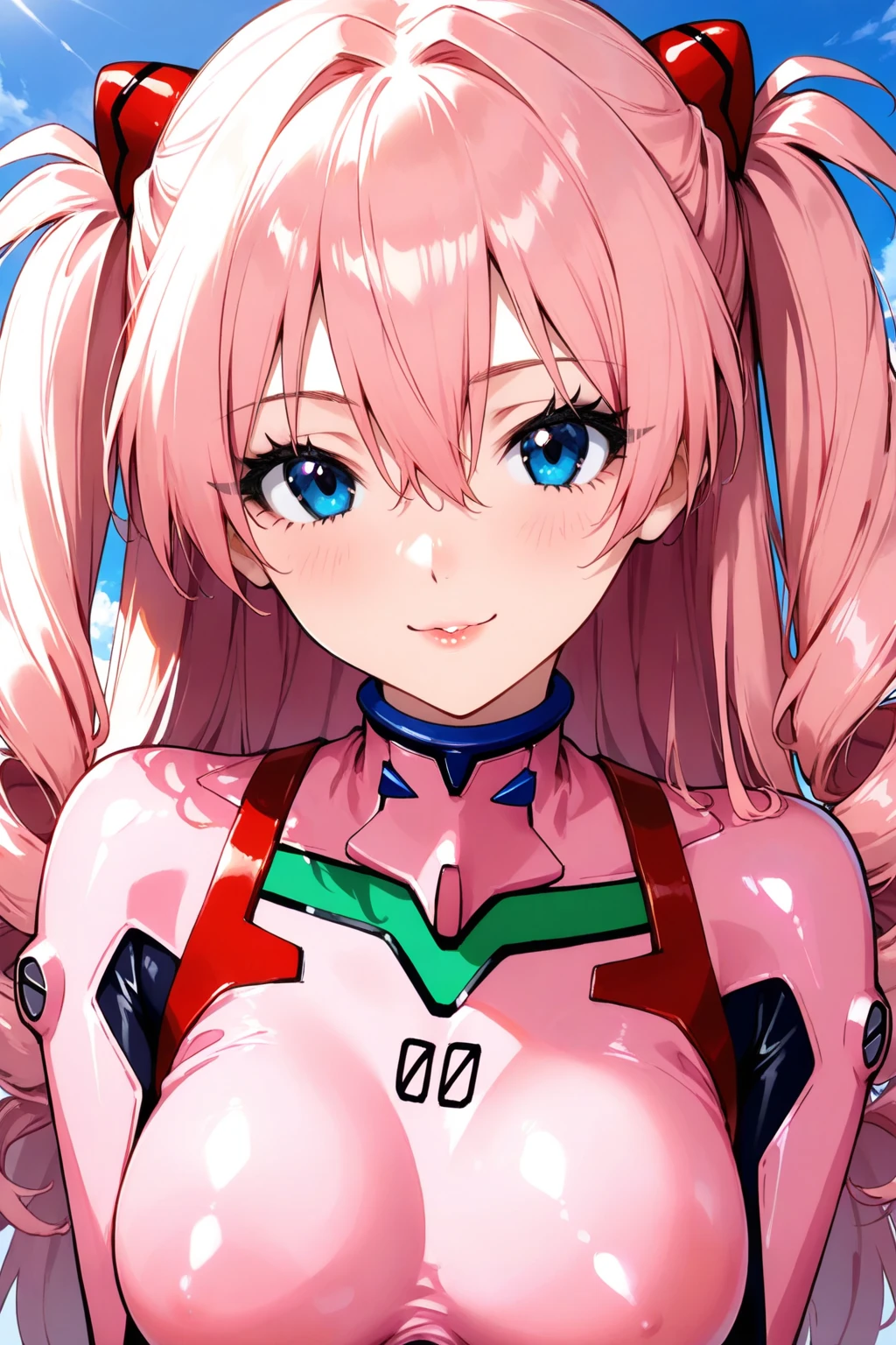 zero two \(darling on franxx\), darling on franxx, 1girl, fringe, selfie, smiling, biting, shadow, green eyes, hair behind head, horns, long hair, makeup, small breasts, pilot suit, white bodysuit, pink hair, red eyeshadow, science fiction, tight skin, solo