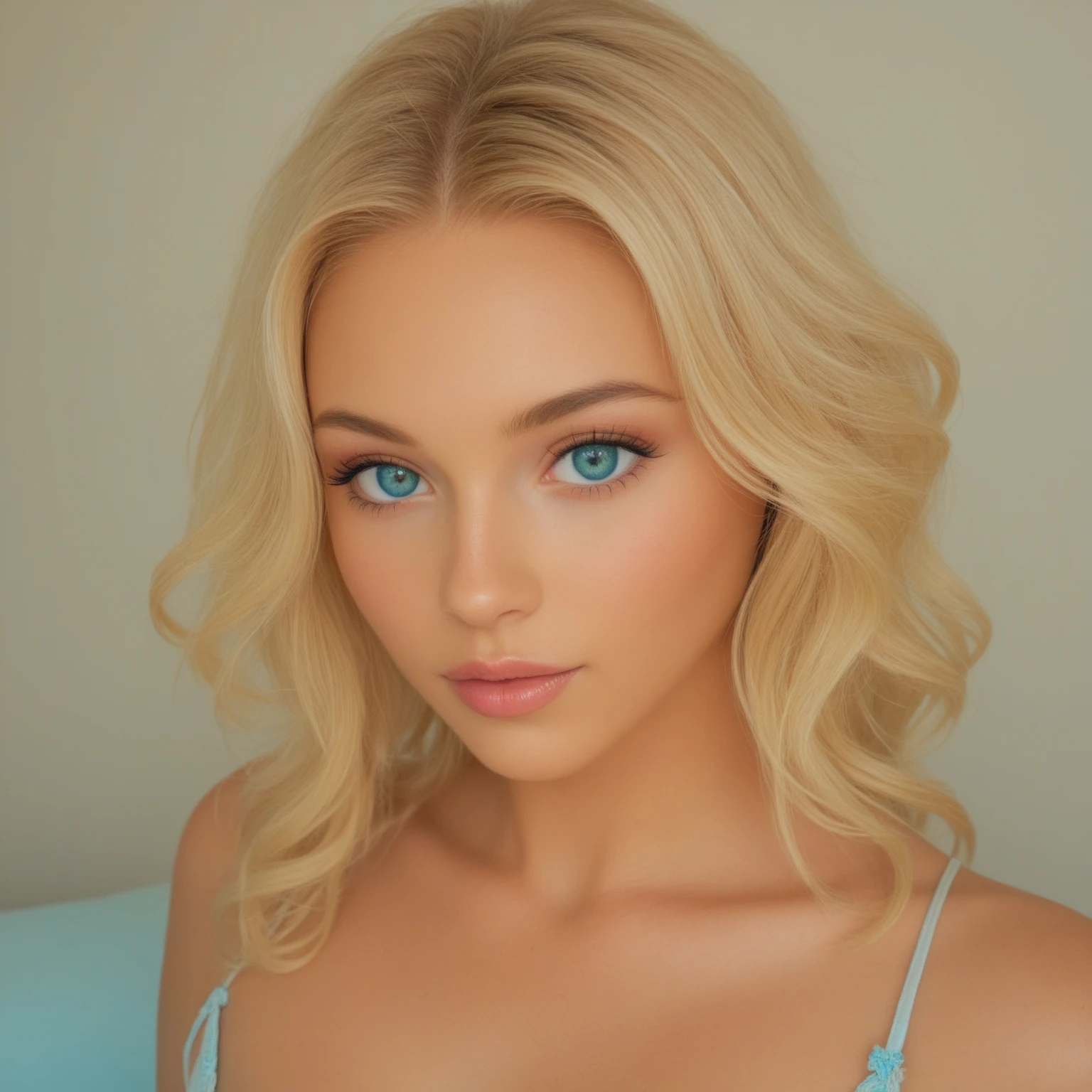 Arav woman completely , Sexy girl with blue eyes, Surreal, Meticulous attention to detail, Portrait of Sophie Mulder, Big blonde hair, big eyes, Selfie of a young woman, Bedroom eyes, Violet Myers, without make-up, Natural Makeup, Look directly into the camera, Face Art Illustration, Light makeup, Stunning full-body photo kneeling on the bed, In the bedroom, Medium to large bust mixed race