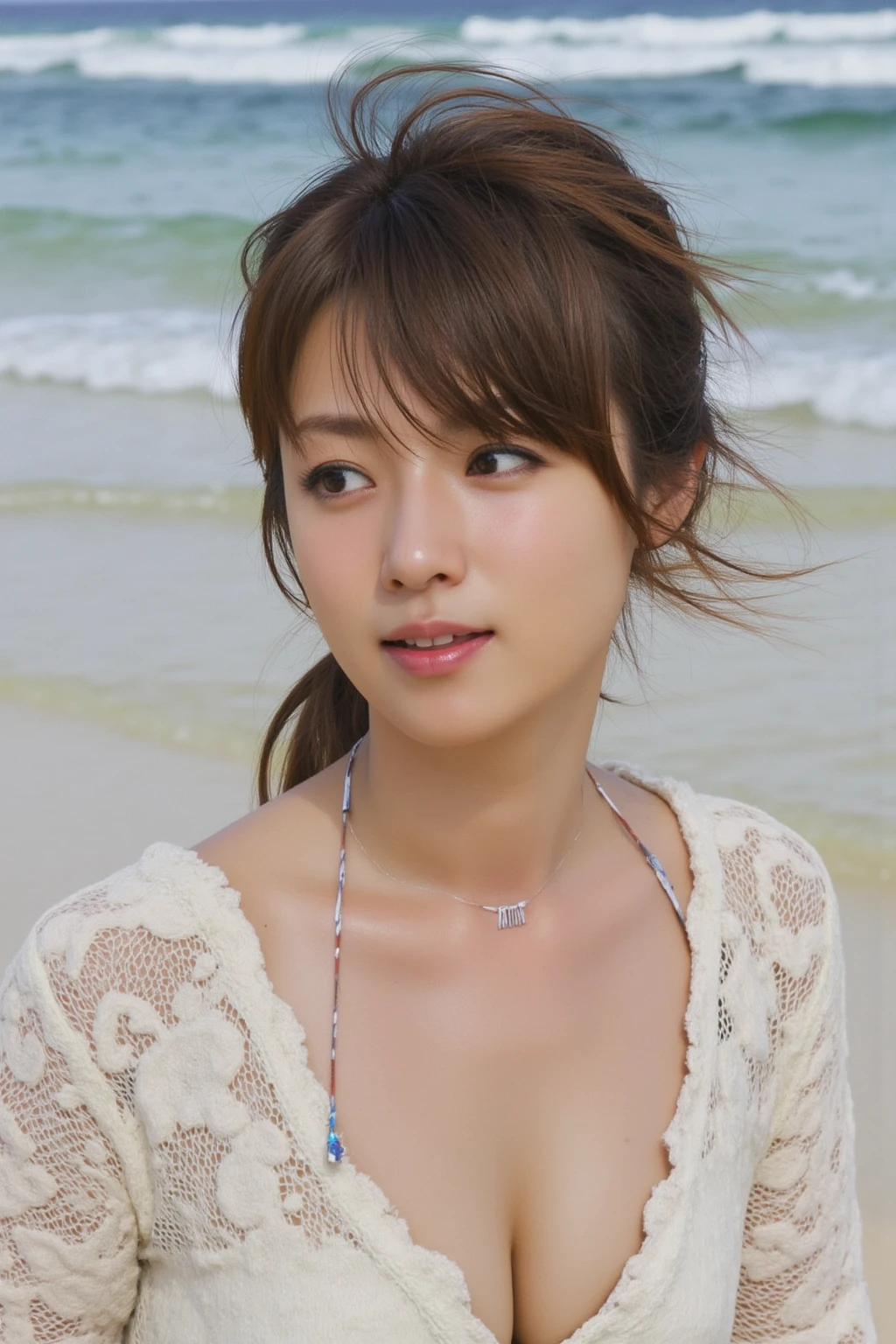 (highest quality, 32K,8k, masterpiece), Photo of a very cute Japanese woman, bob hair,Upper body,small breasts, sunshine on the face,Eyes are the charm point,necklace, Calvin Klein underwear,raise the corners of the mouth