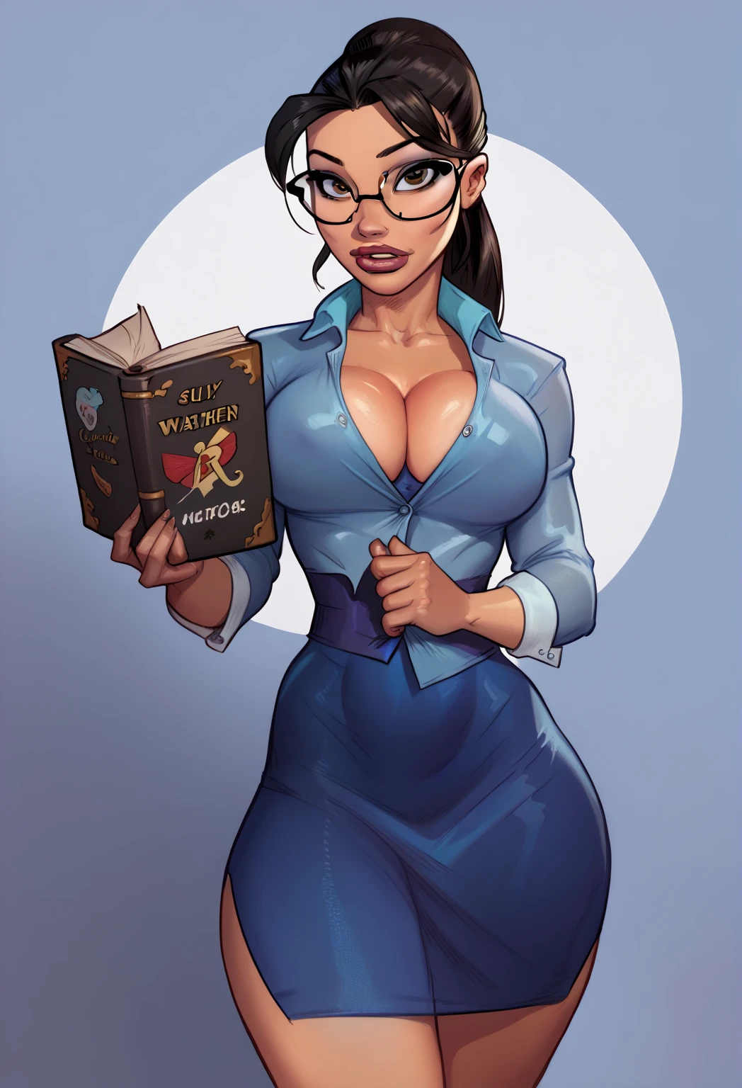 Arte by Jonh Buscema,1woman, long hair, blue eyes, teacher, realistic, big breasts, university professor's clothes, goggles, sensual look, cameltoe, holding a book, sensual prudish clothes, leaning against her desk in front of a blackboard