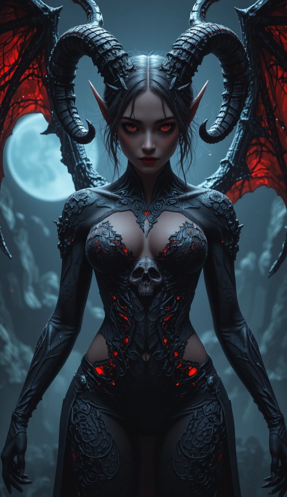 volcano in background, erotic,/ dark queen, evil, sinister, fatal seduction, /colorful design , red design ,vermilion, Aurora, mythical, glowing light, red light,/ erotic pose, pore black hair, big eyes, body covered with tattoo, red lips, black dress
