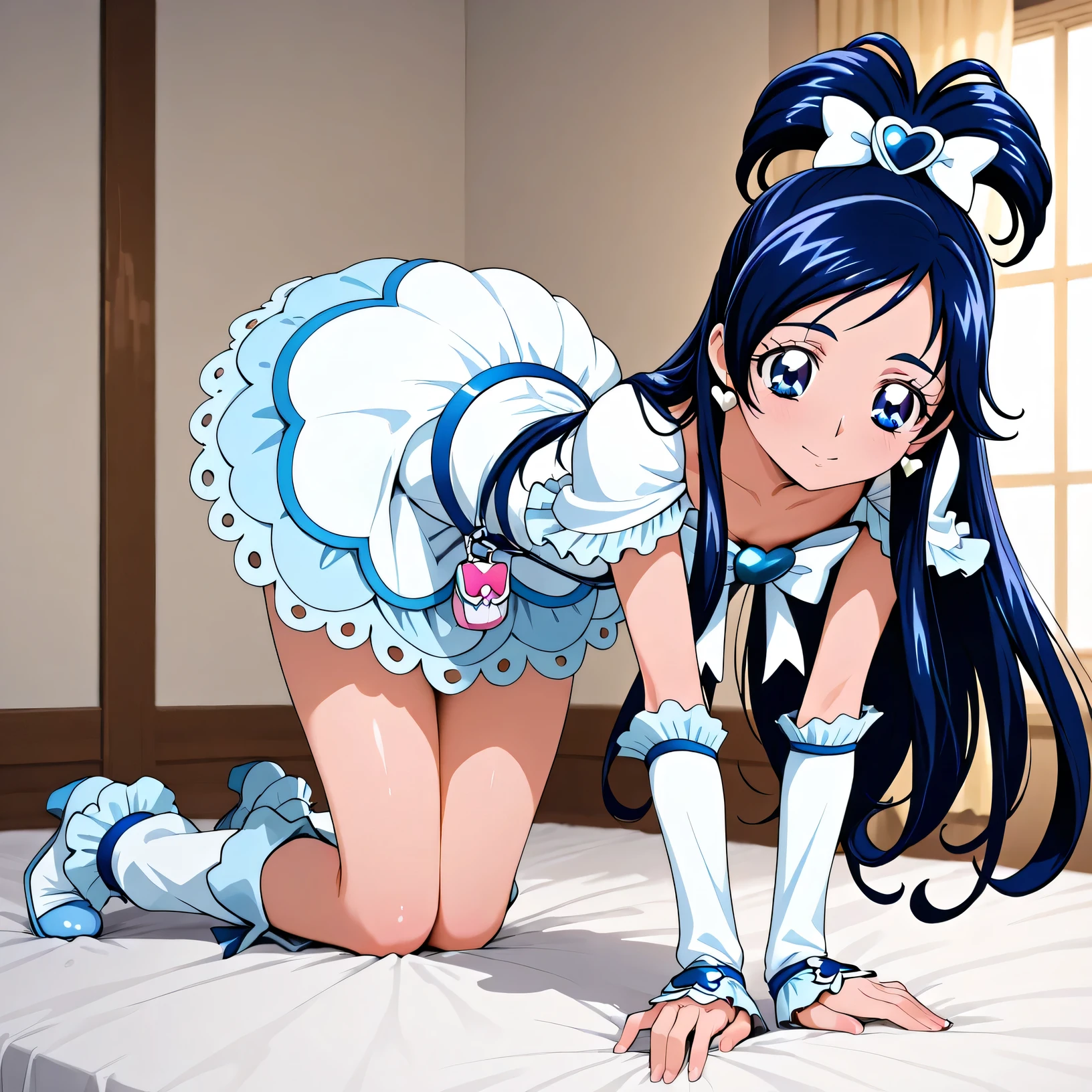 ,cure white , Crouched on all fours, legs together ,flat breasts, normal hips, room with feminine decoration.