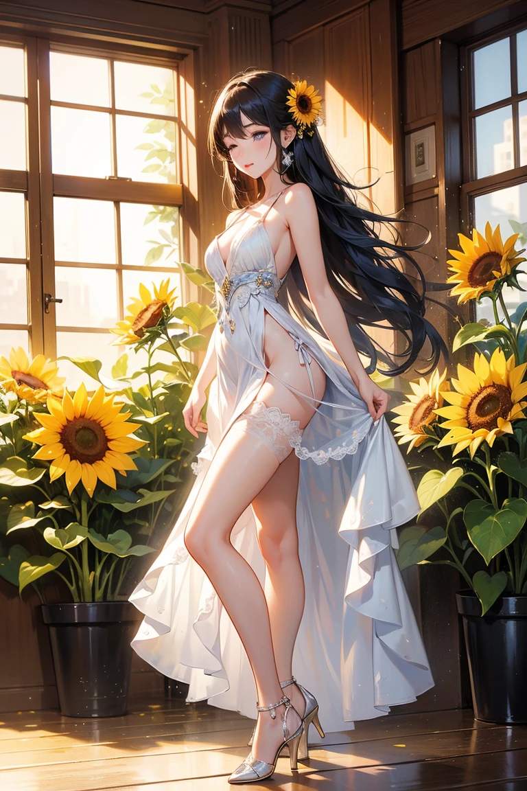 ((4k, better quality, high detail)), beautiful delicate girl in bikini, she unscrews the door, her long hair is over the shoulder, the wall is decorated with a jar of flowers, the house is full of plants. Sunlight shining on flowers, full body photos, barefoot,, nudenudenudenude,