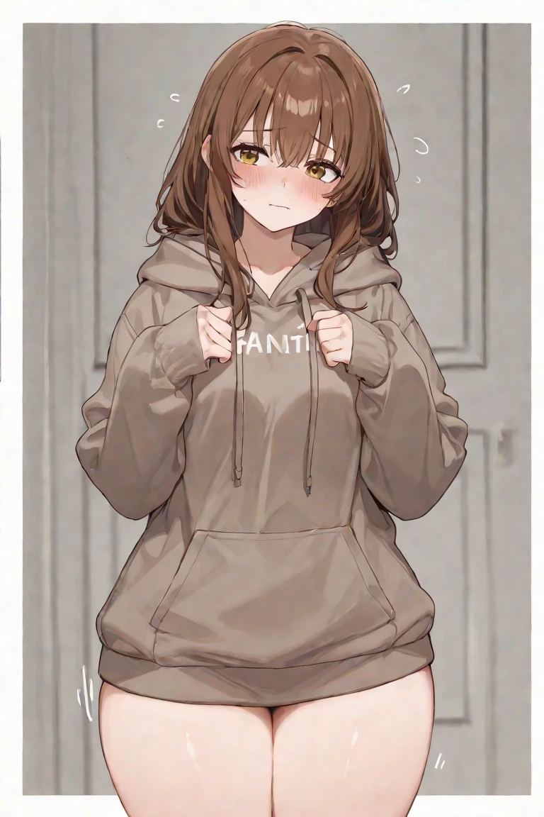 cute anime girl, 20 years old, Bear hoodie with no pants,Hyper realistic eyes {{digital art}}, (best quality,4k,8k,highres,masterpiece:1.2),ultra-detailed,(realistic,photorealistic,photo-realistic:),beautiful detailed eyes,beautiful detailed lips,extremely detailed eyes and face,long eyelashes,intricate details,beautiful hair,cinematic lighting,warm color palette,detailed background,high quality digital painting,elegant pose,dynamic composition,vibrant colors,soft lighting