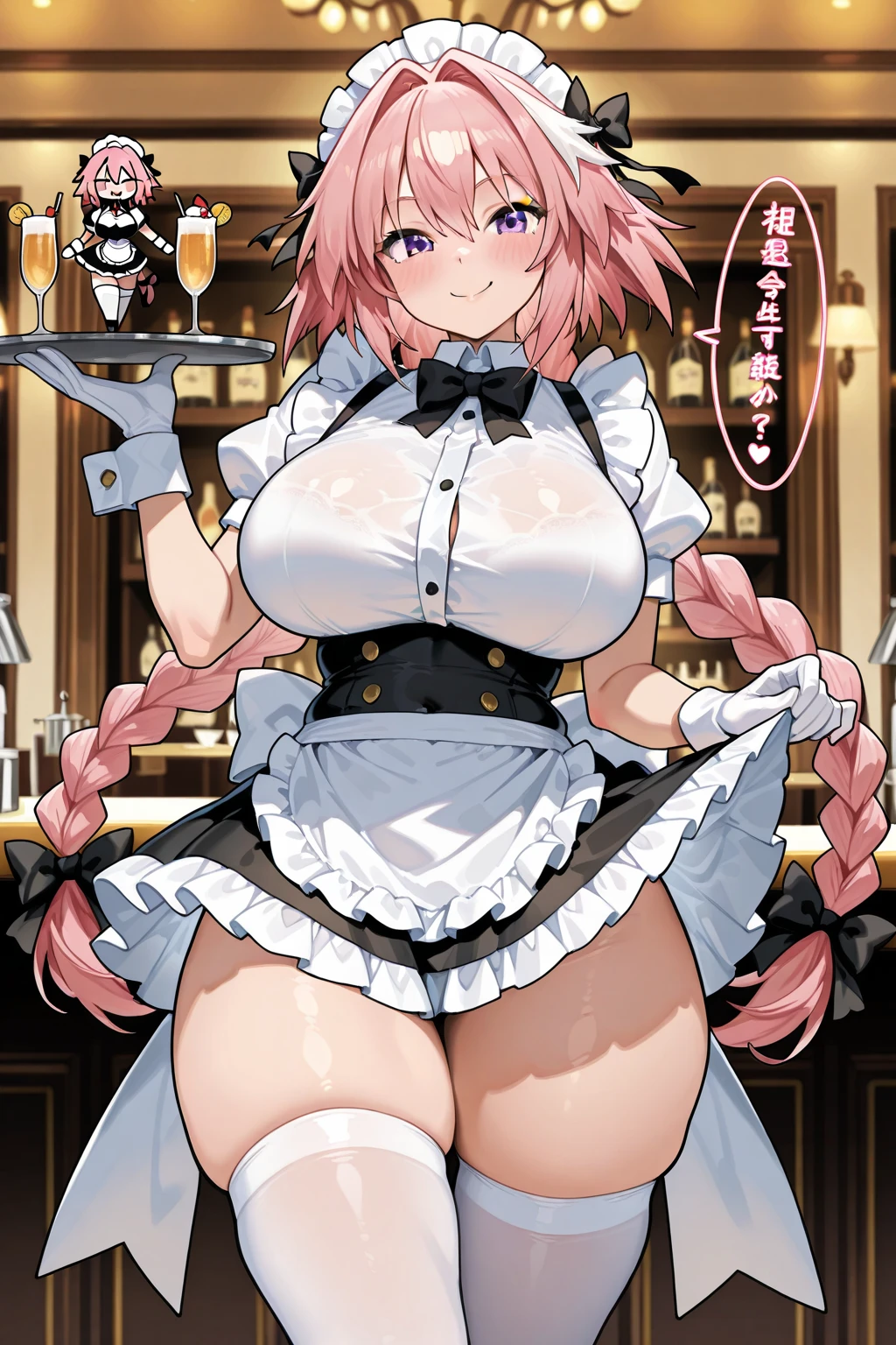 score_9, score_8_up, source_anime,  BREAK solo, 1girl, looking at viewer, cowboy shot, 
<lora:TaoqiiiPdxlDwnsty-000009:0.7>, Taoqiii, purple eyes, pink hair, hair over one eye, short hair with long locks, ahoge, hair ornament, playboy bunny, white gloves, elbow gloves, cleavage, black leotard, white pantyhose, fake animal ears, detached collar, bare shoulders, 
large breasts, smile, lips, blush, cleavage, thick thighs, naughty face, hands on hands on own hips, leaning forward, hanging breasts, 
indoors, living room, table, couch, window, day,