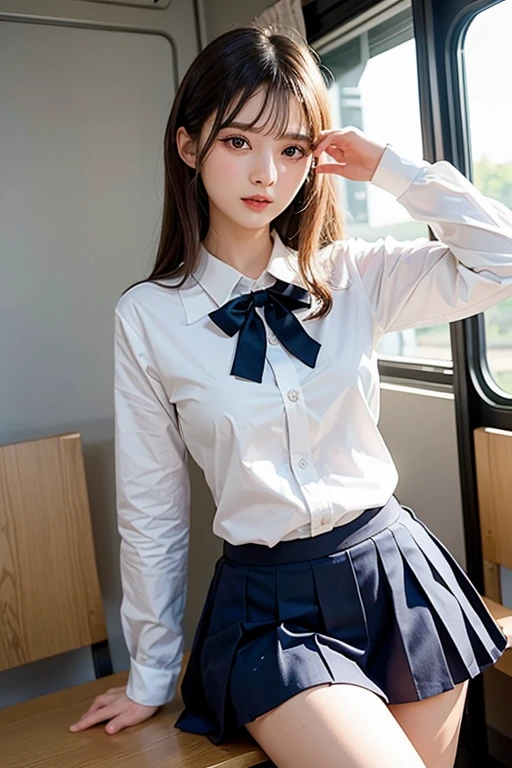 Very detailed 8k wallpaper)、foco nítido、in detail、Drama、Delicate and beautiful schoolgirl、sixteen years old、Sheer white shirt、Quite short skirt、neck tie、ligh brown hair、hair adornments、Beautiful and sexy、A smile、独奏、Beautiful graphics、beautiful legs、
