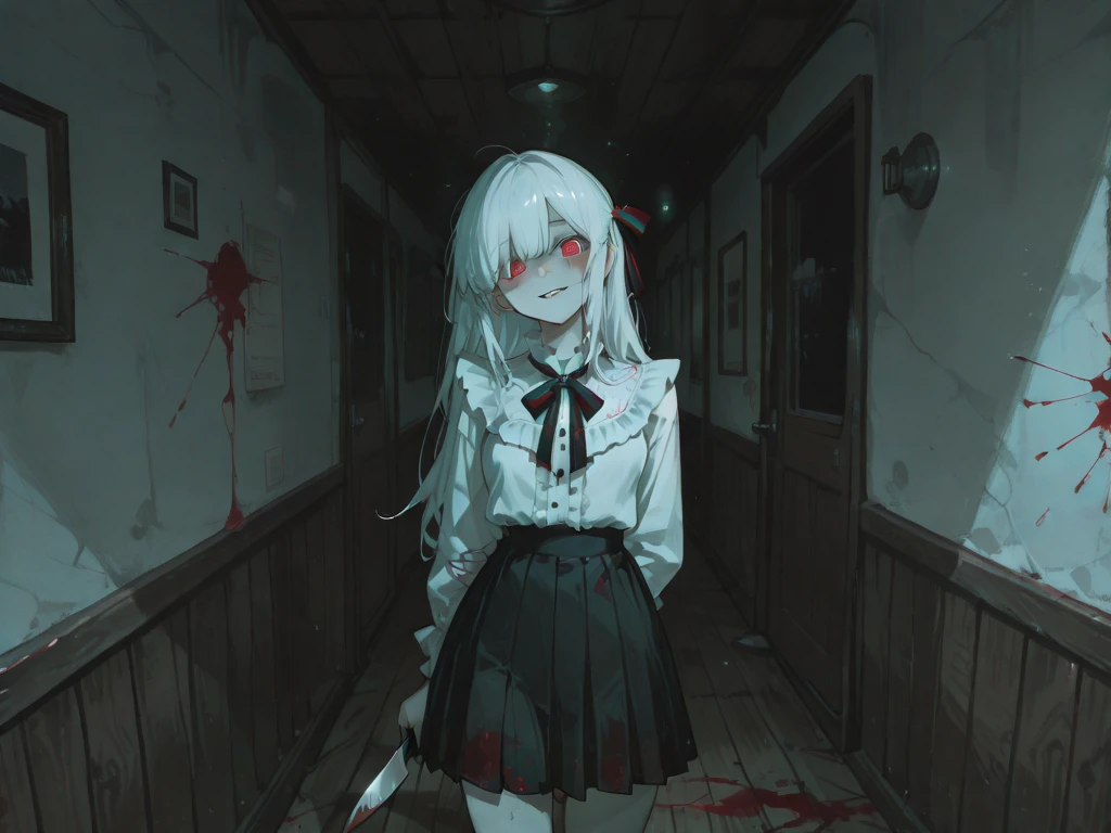 ((masterpiece, best quality, extremely detailed CG, unity 8k wallpaper,anatomically correct,ultra resolution)),Award-winning photography,(best illumination,Very Delicate and Beautiful),(one girl,solo,:1.5),(Vampire:1.45),silver hair,(twintails:1.2),glowing red eyes,(pale skin:1.45),(extremely beautiful and detailed face:1.2), (extremely beautiful and detailed eyes:1.2),perfect hands,delicate legs,((bat hair ornament)),(graceful,fashion),pointy ears,((hoodie:1.4,sports shorts,sports shoes,black leather gloves)),looking at computer,Wearing headphones,(playing computer game:1.3),happy smile,(cute:1.5),((night, dark atmosphere, dark theme, darkness:1.5)),dramatic shadows,(dimly lit:1.5),blood on face,blood on floor, blood on walls,(blood mist,blood splash:1.4),depth of field,(indoor:1.2,bedroom:1.3,computer),(perfect human body structure with maximum precision)