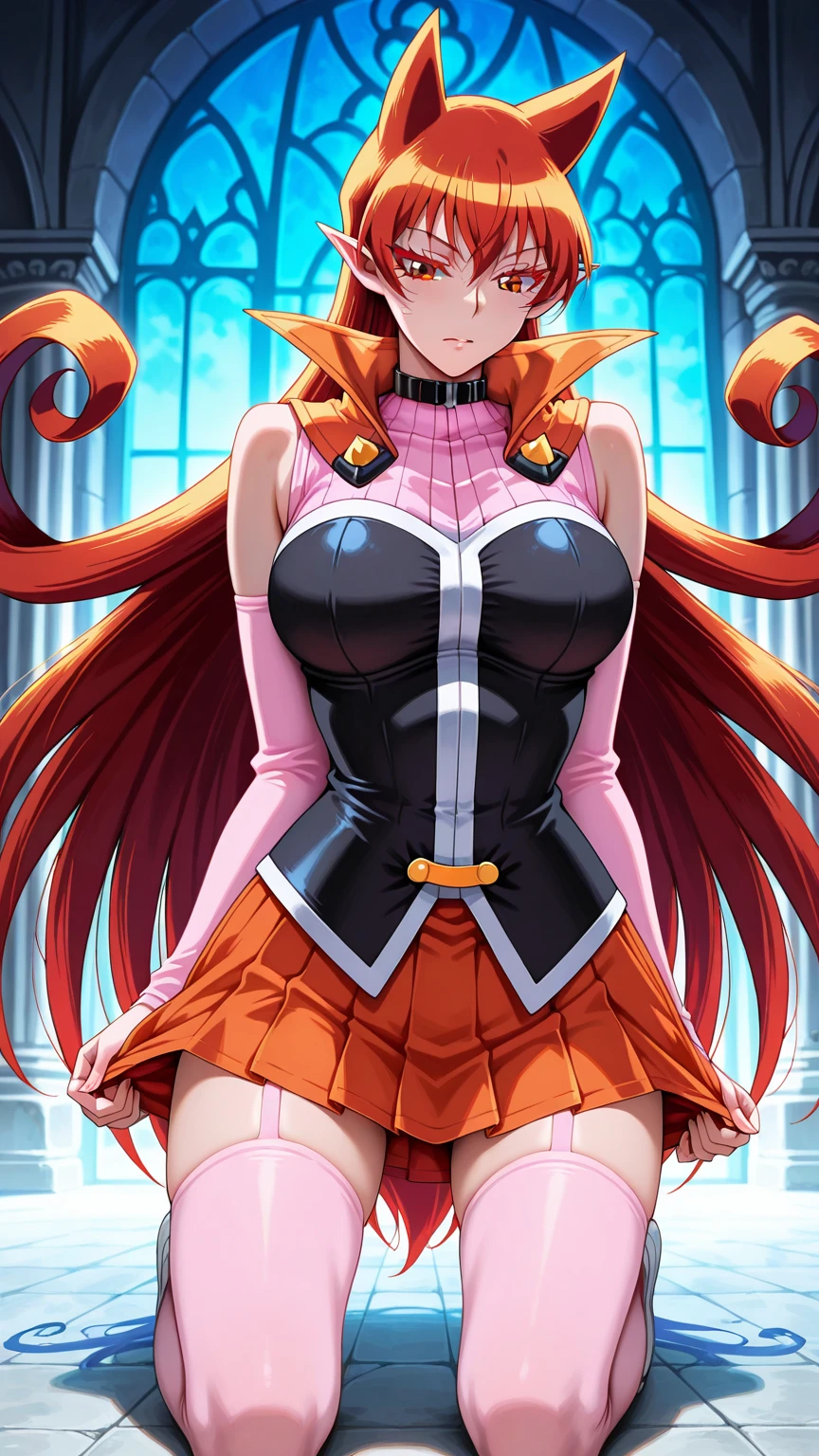 masterpiece, Anime screenshots, 1 Girl, alone, Brown Hair, Long Hair, Green Eyes, Red dress, Cleavage, Bare shoulders, Knee socks, Elbow hand pockets, Black wings, Outdoor, Suppressed, Tentacles, Shuma-Gorath, Cowboy Shot, whole body, elbow gloves, Big Breasts, hair over one eye, messy hair,
