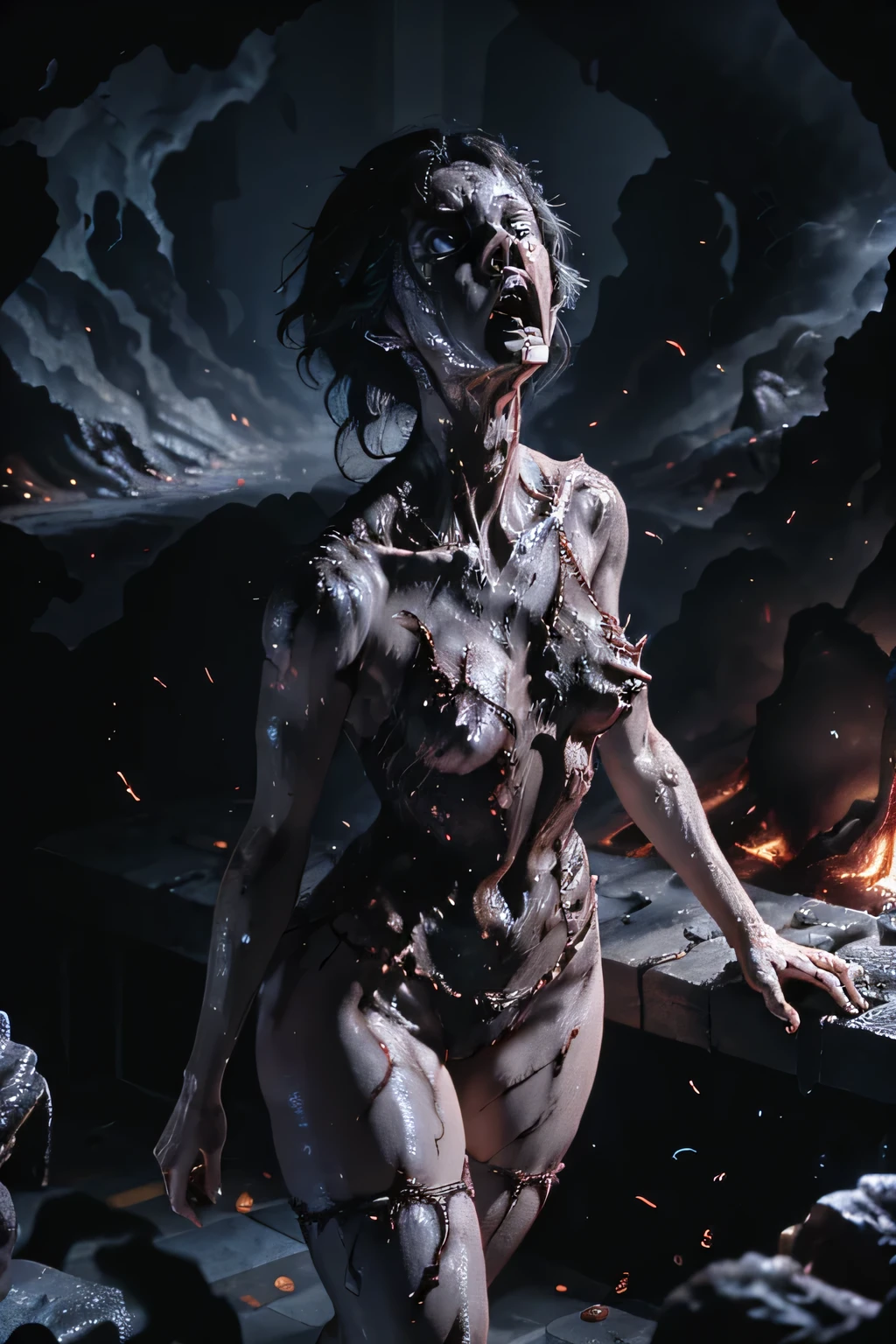 masterpiece, Highest quality, masterpiece,Zombie Girl, Evil Dead, Dark Energy, empty, Hollow Eyes, (an extremely evil),Dead Girl、 black magic, Dark Forest, Negative Energy, hell, Corpse wearing a black gymnastics bloomers,high leg,self wedgie,white blouse、lava,fire