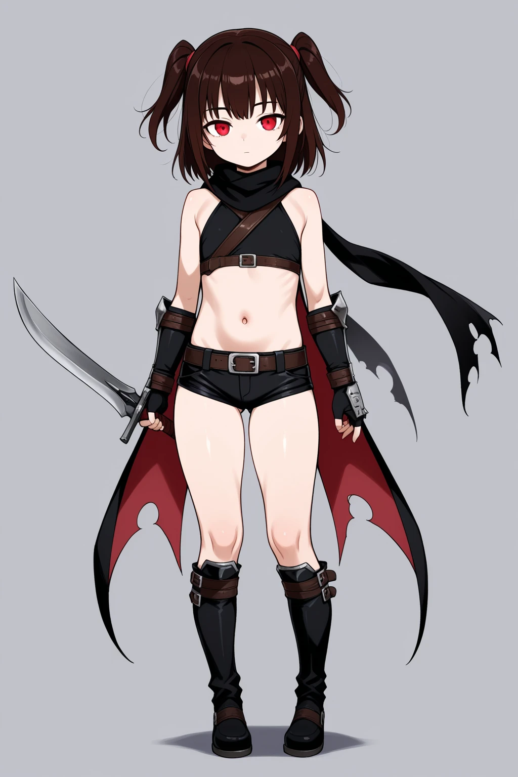   girl, (bare breasts), cloak,((flat chest)),Slender,long hair,(((((loli))))),striped, (((multicolored hair, two-tone hair, split-color hair,))) gun, knife, hair over left eye,high-leg panties ,cameltoe